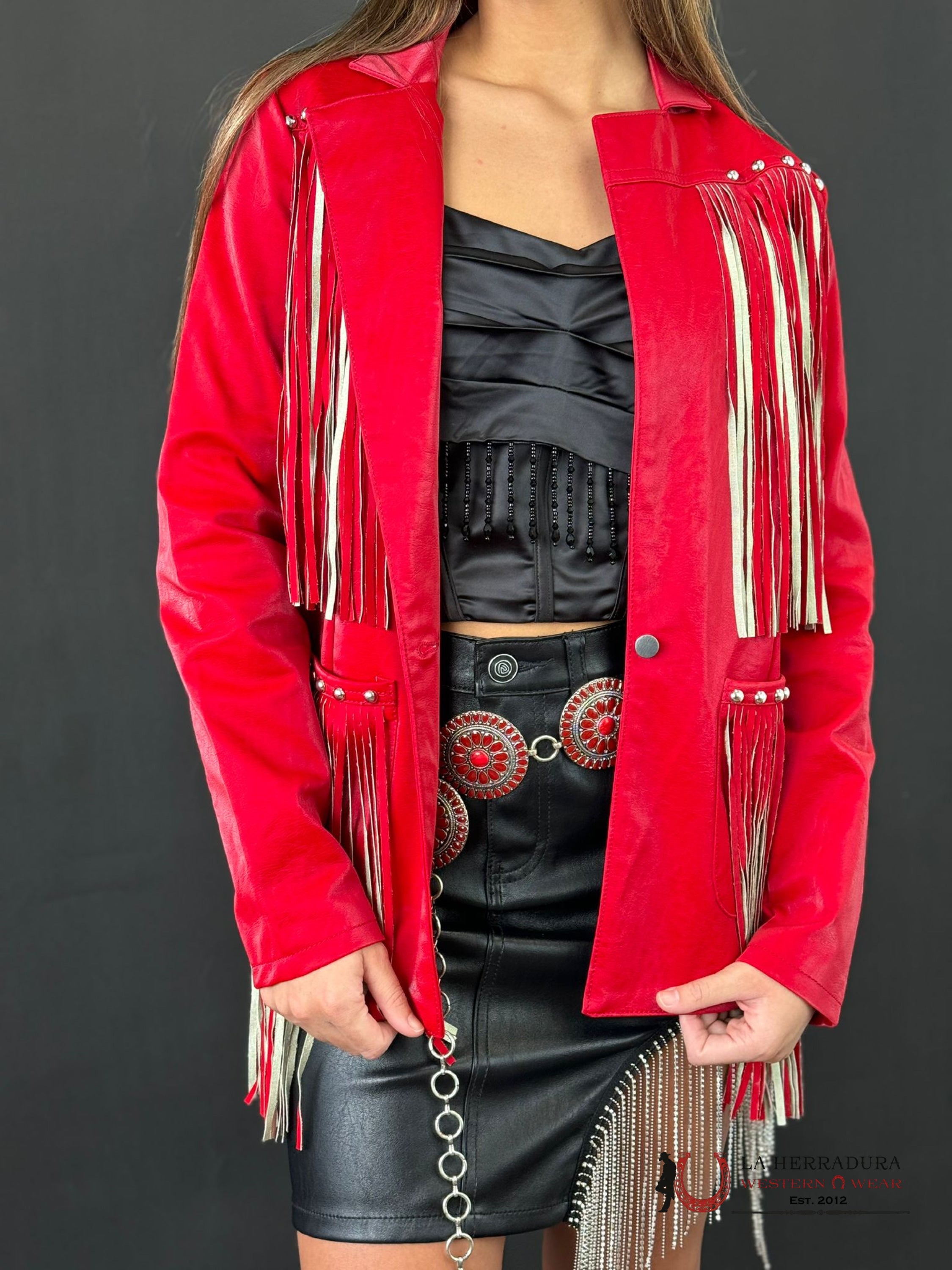 Rock&Roll Womens Long Red Jacket With Fringe Back Ropa Mujeres