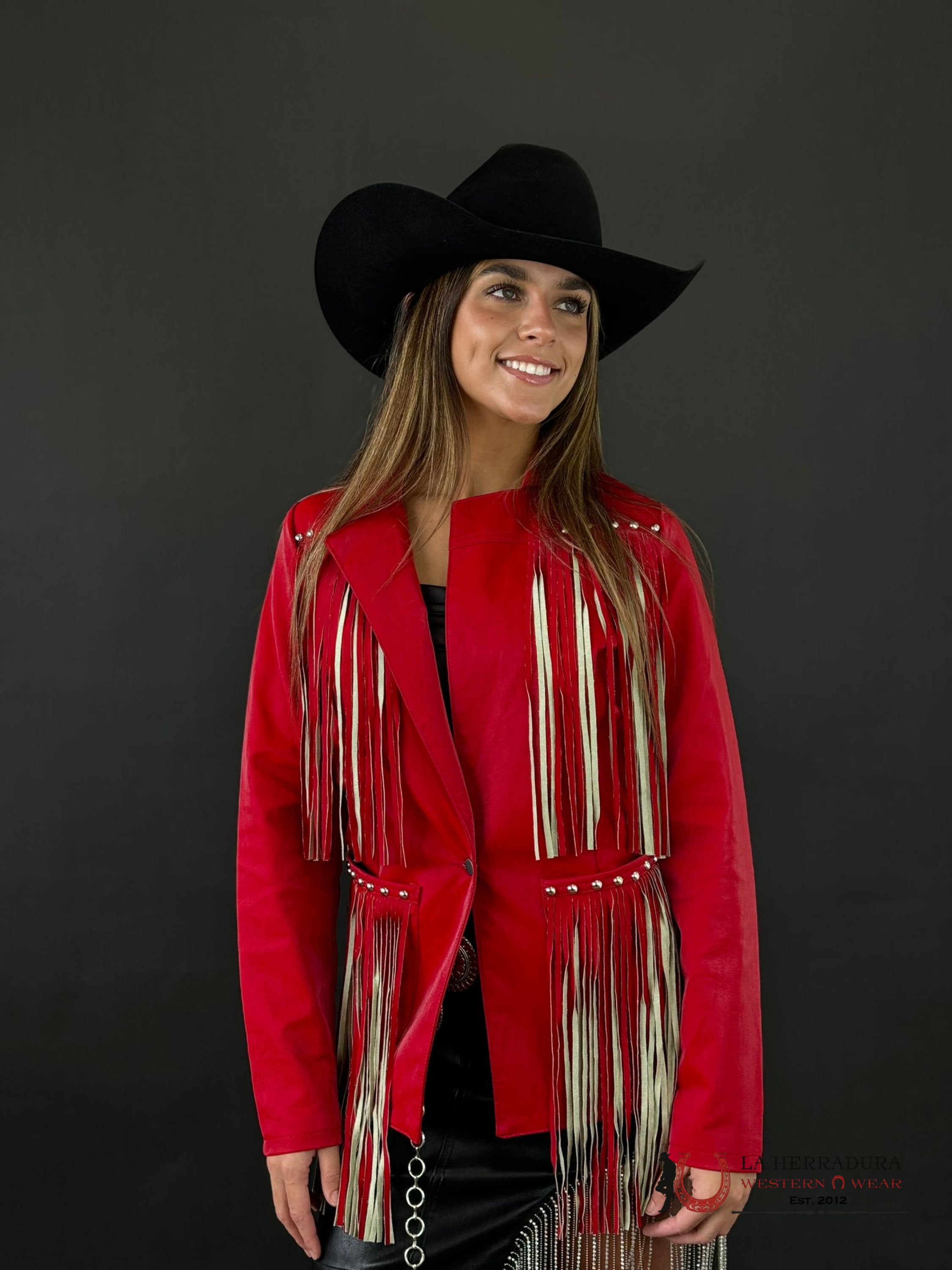 Rock&Roll Womens Long Red Jacket With Fringe Back Ropa Mujeres