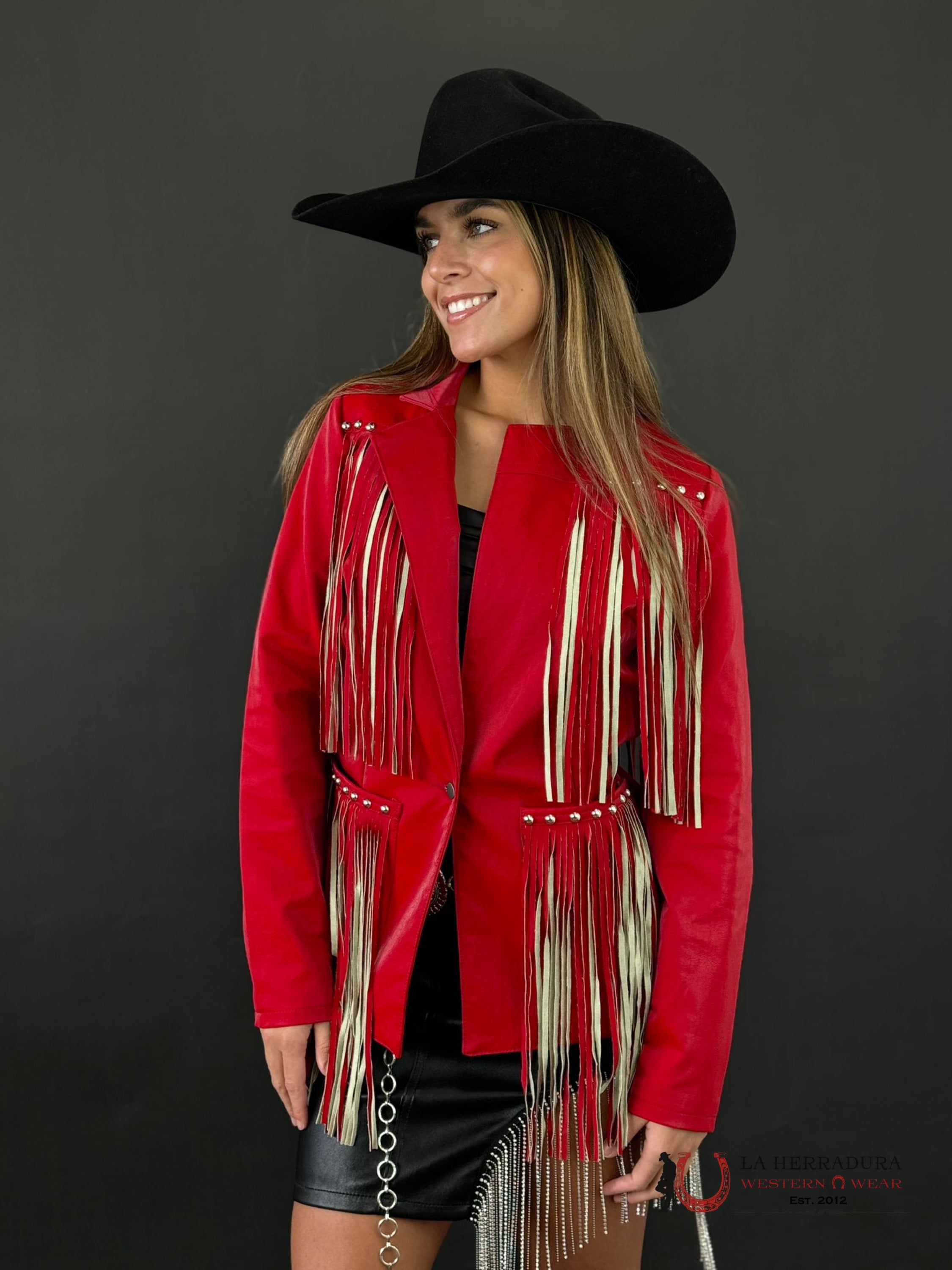 Rock&Roll Womens Long Red Jacket With Fringe Back Ropa Mujeres