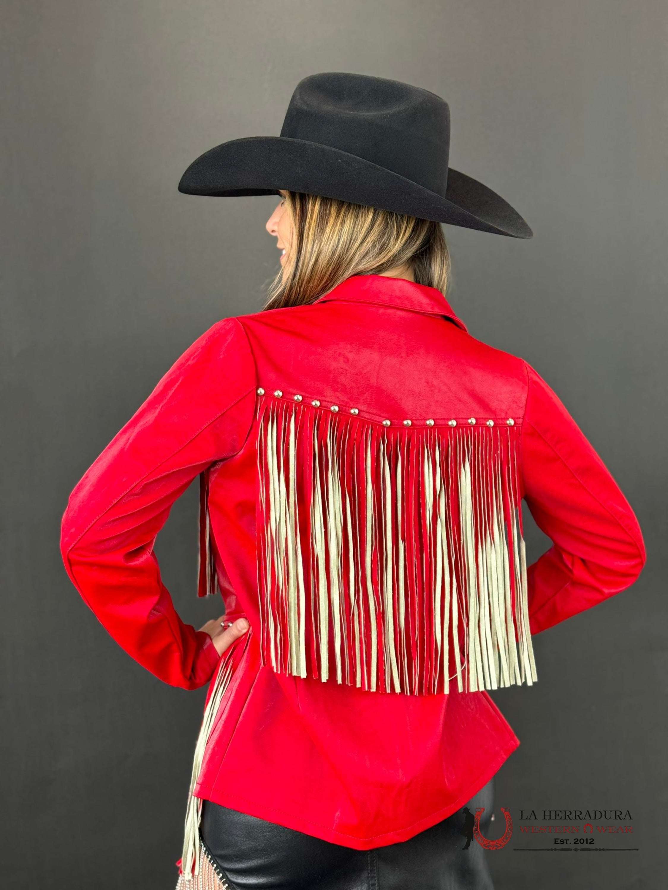 Rock&Roll Womens Long Red Jacket With Fringe Back Ropa Mujeres