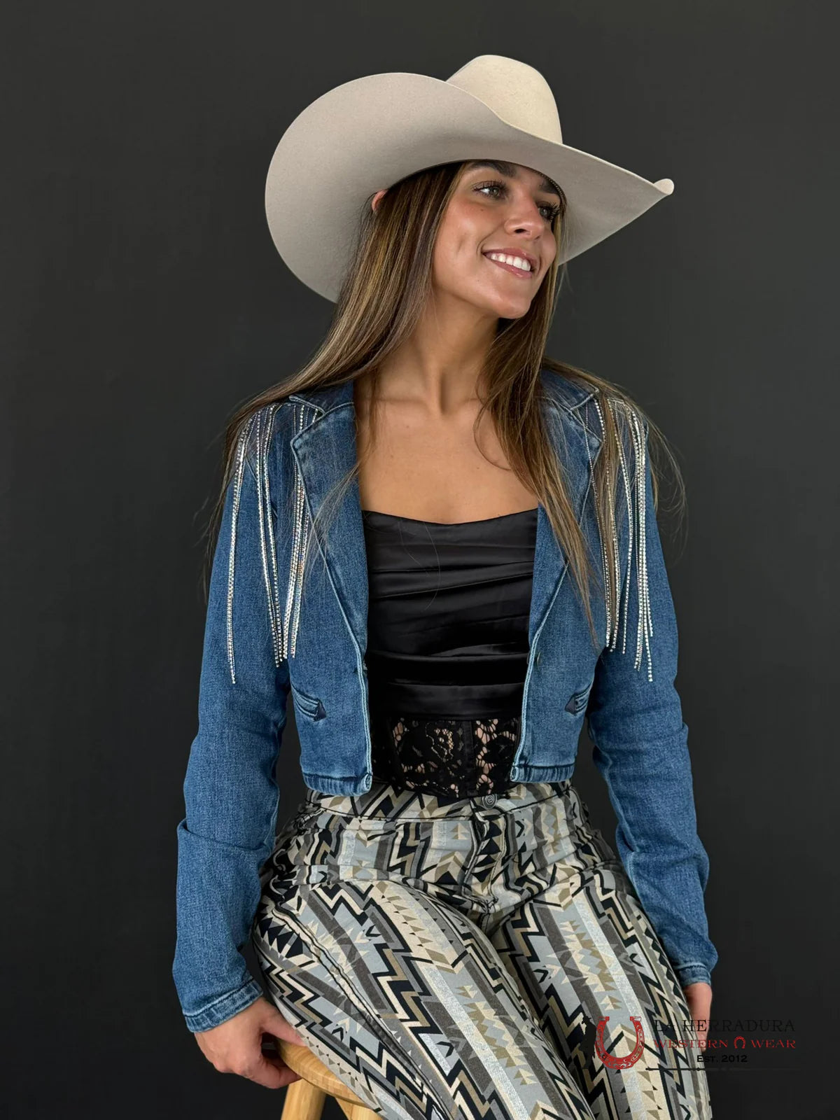 ROCK&ROLL FRINGE DENIM CROPPED BLAZER-BW92D02267