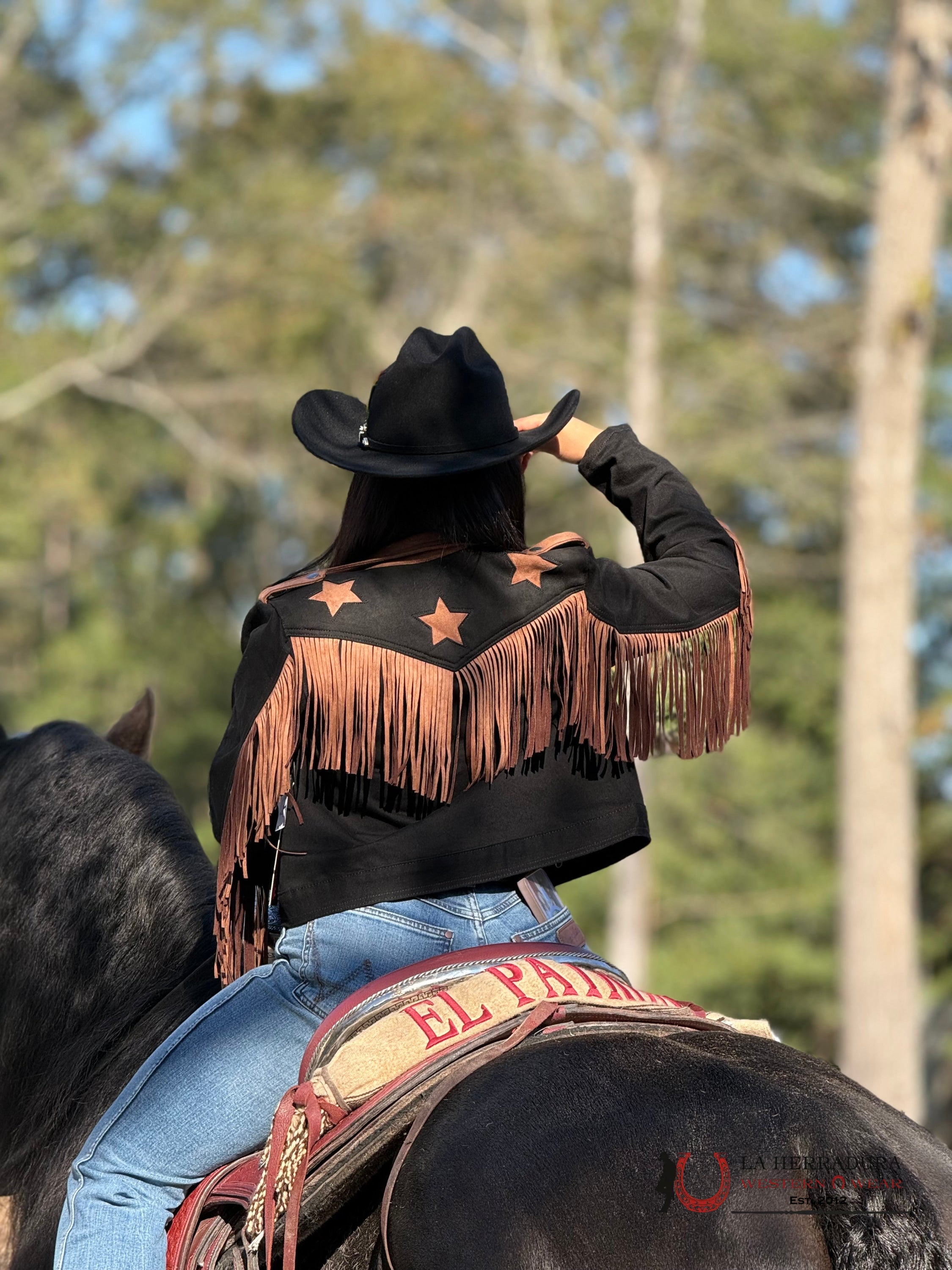 Rock&Roll Womens Micro Suede Jacket W Fringe Black/Brown Stars Ropa Mujeres