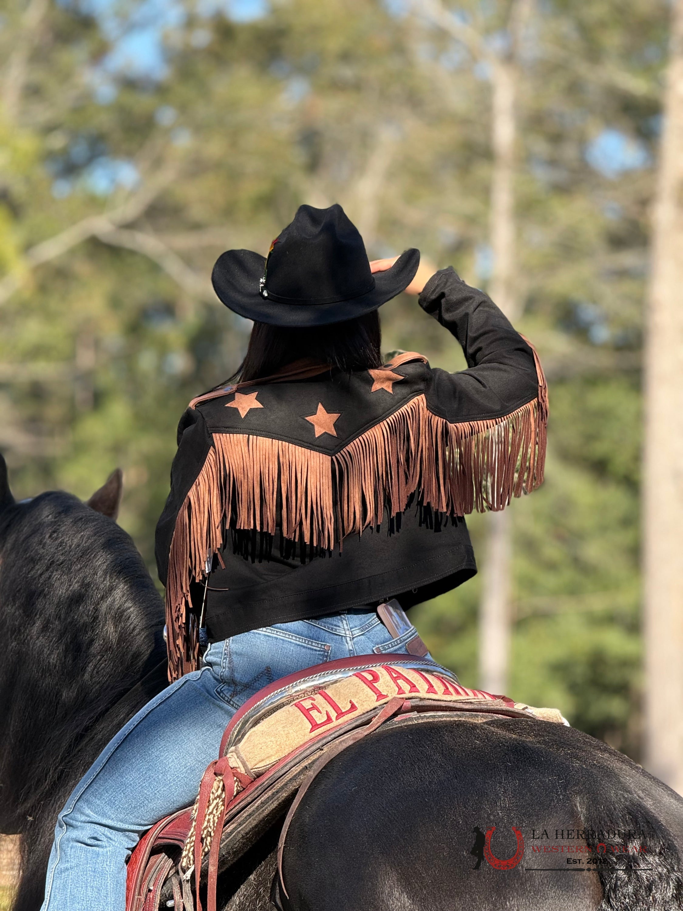 Rock&Roll Womens Micro Suede Jacket W Fringe Black/Brown Stars Ropa Mujeres