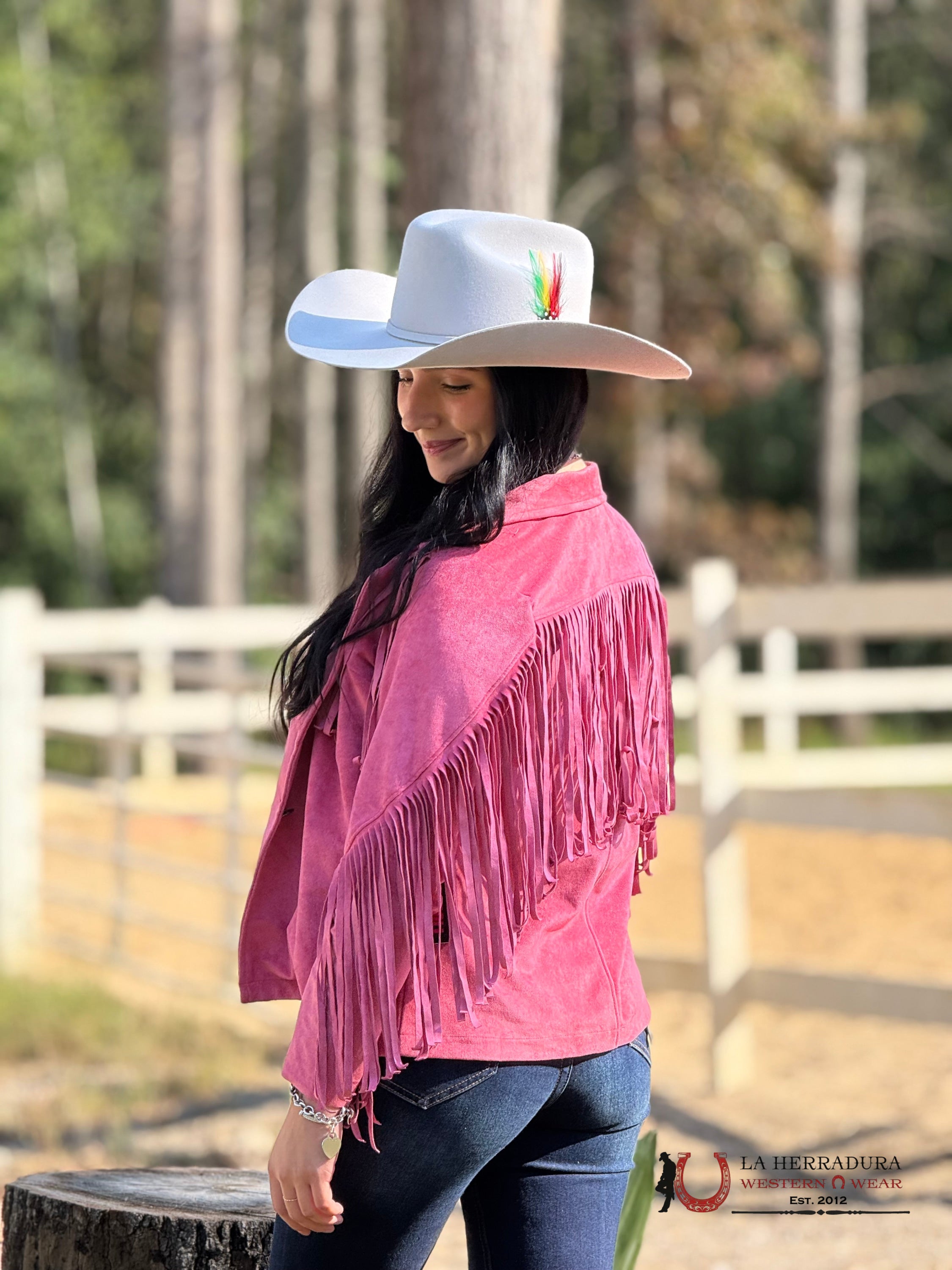 Rock&Roll Womens Micro Suede Jacket W Fringe Pink Ropa Mujeres