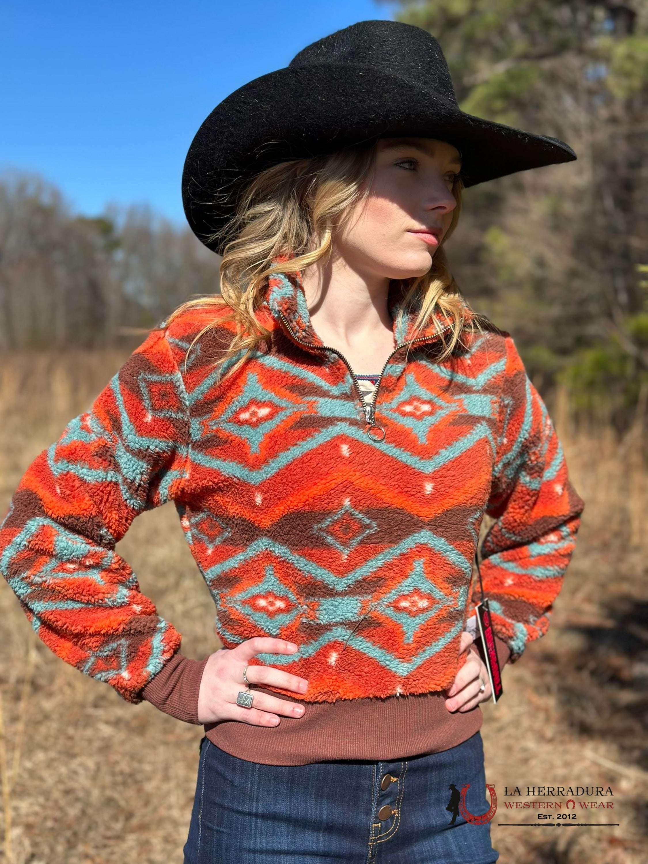Rock&Roll Womens Orange Aztec Printed Pullover Ropa Mujeres