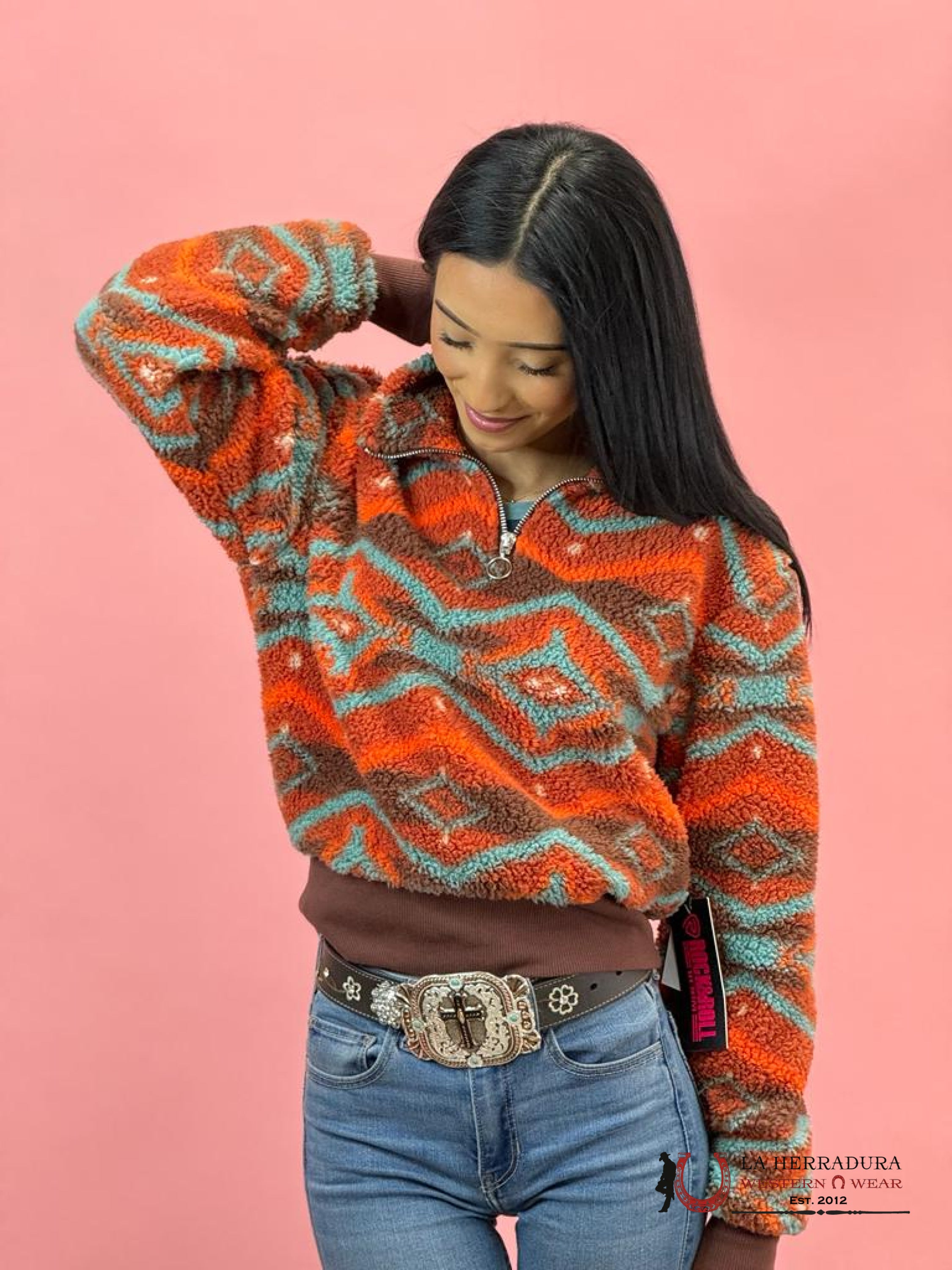 Rock&Roll Womens Orange Aztec Printed Pullover Ropa Mujeres