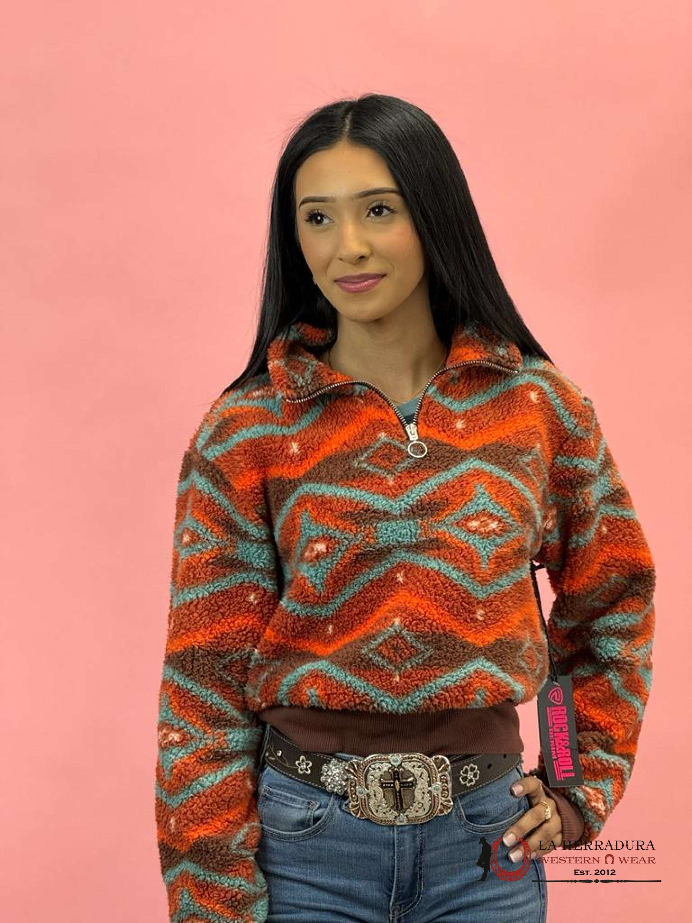 Rock&Roll Womens Orange Aztec Printed Pullover Ropa Mujeres