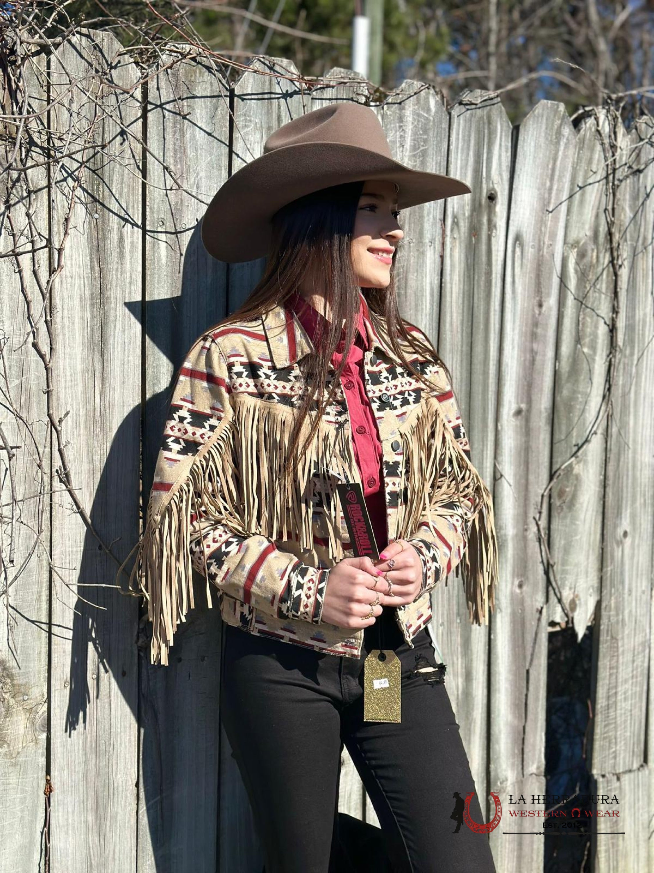 Rock&Roll Womens Tan Aztec Fringe Denim Jacket Ropa Mujeres