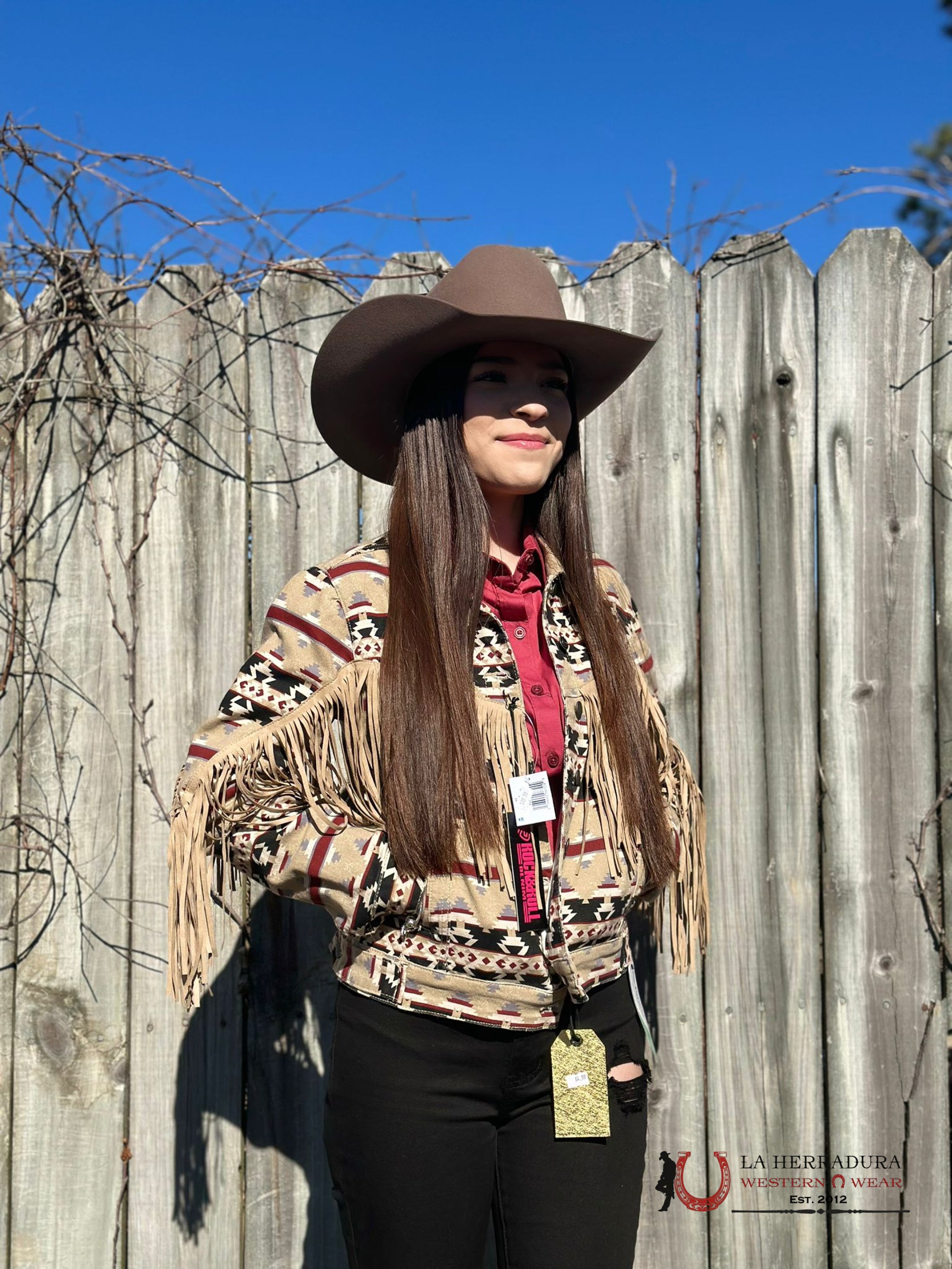 Rock&Roll Womens Tan Aztec Fringe Denim Jacket Ropa Mujeres