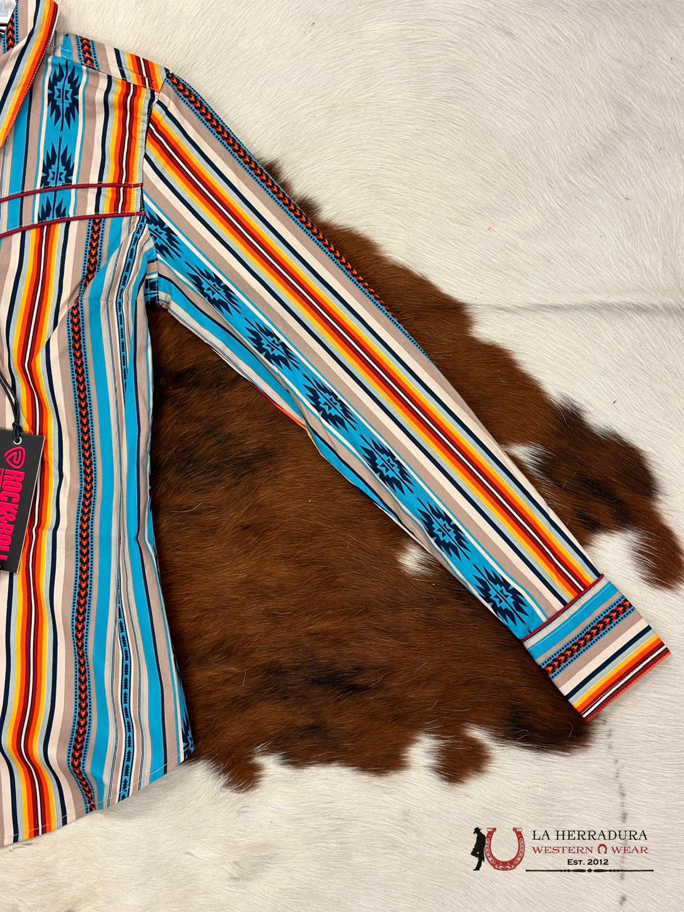 Rock&Roll Womens Button Up Blue Orange Stripe Aztec Ropa Mujeres