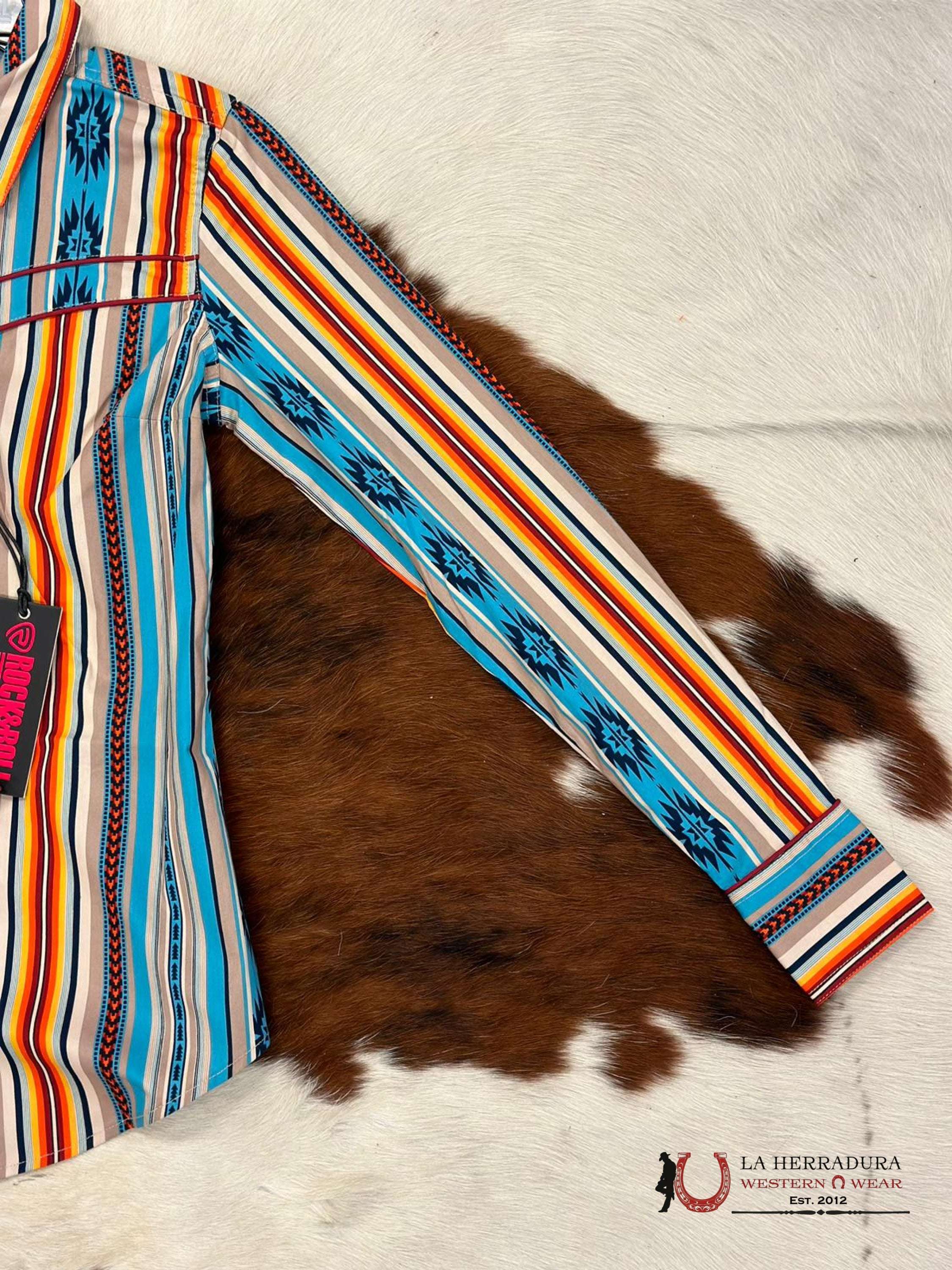 Rock&Roll Womens Button Up Blue Orange Stripe Aztec Ropa Mujeres