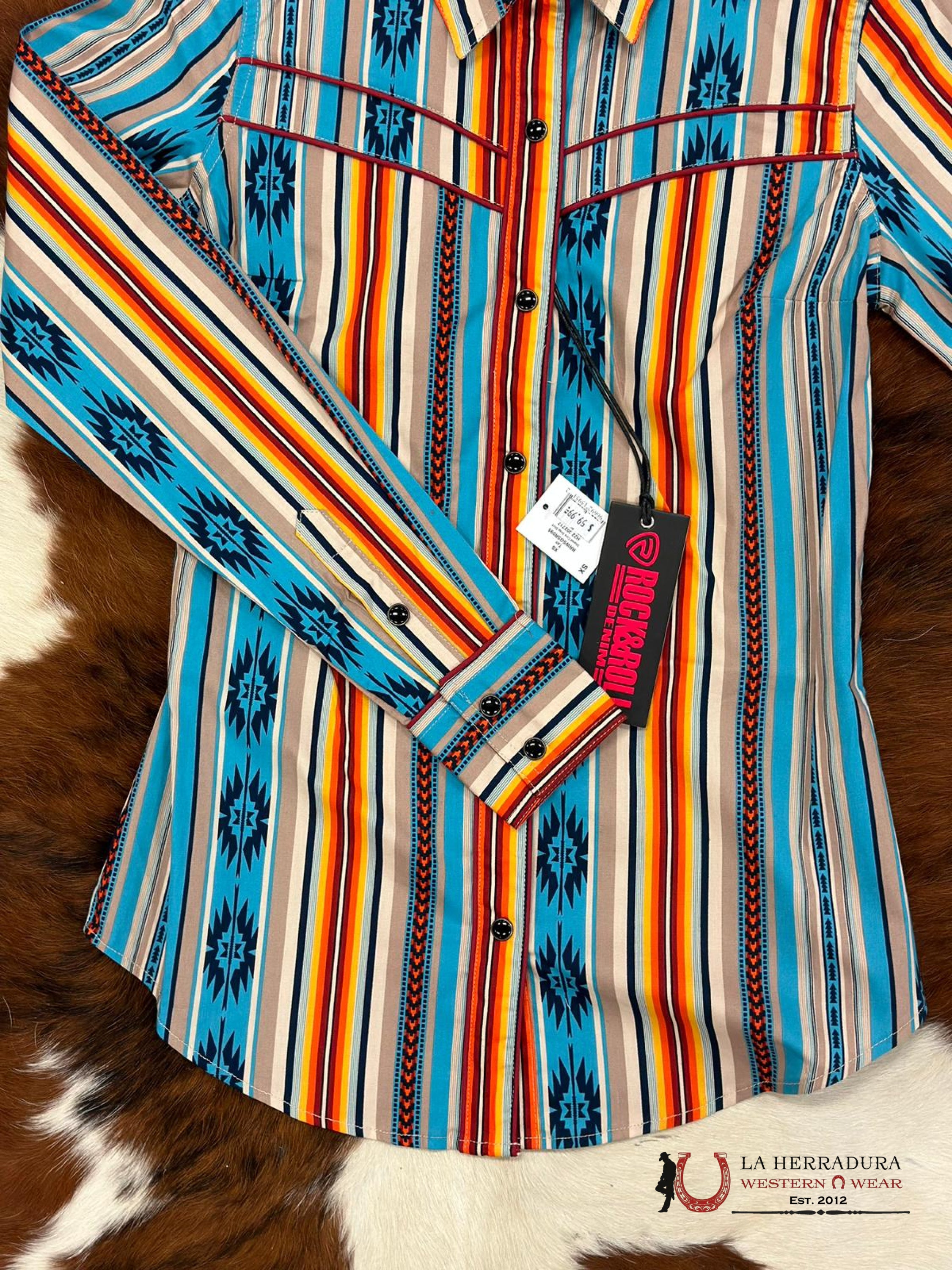 Rock&Roll Womens Button Up Blue Orange Stripe Aztec Ropa Mujeres