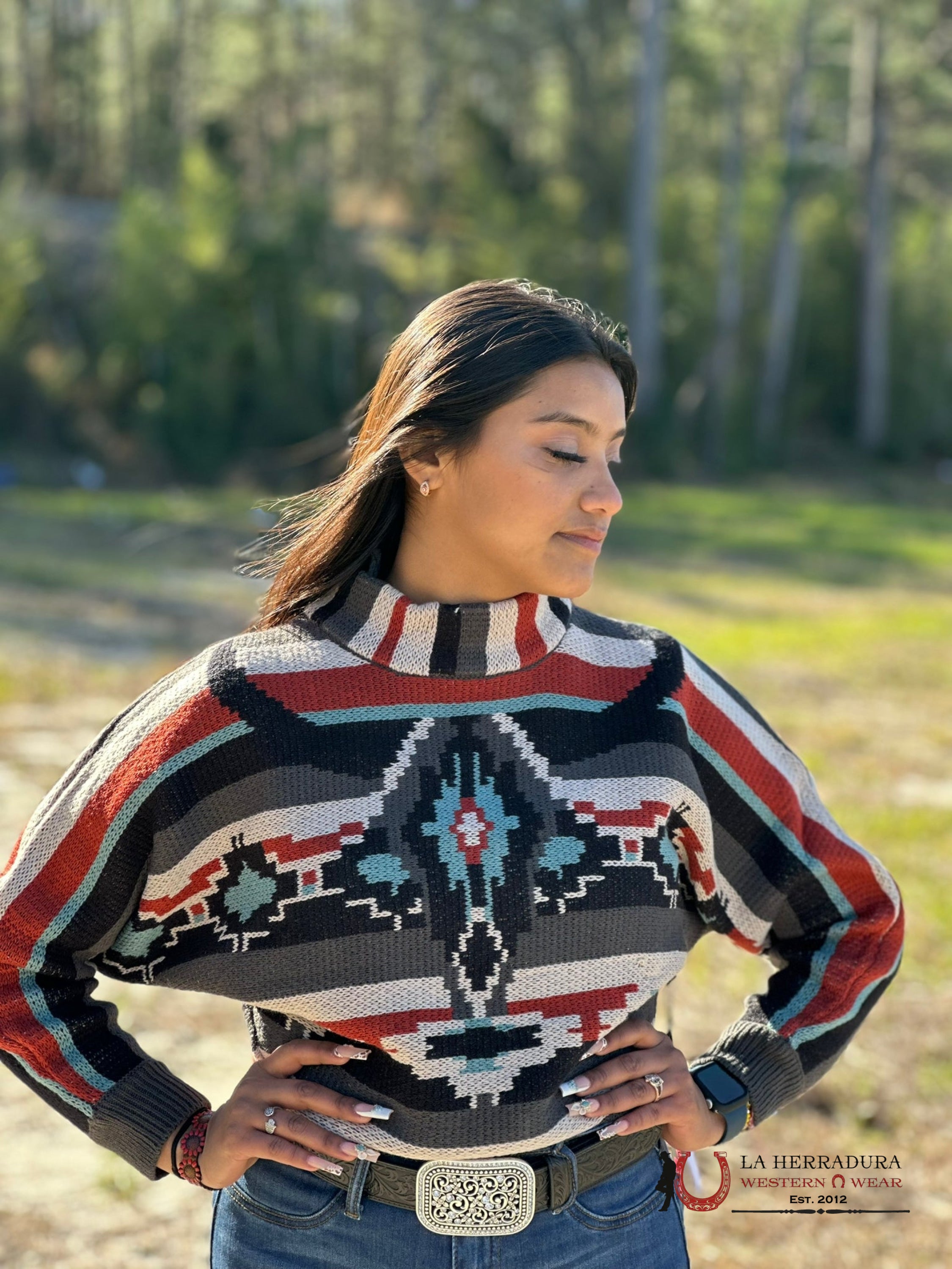 Rock&Roll Womens Teal/Rust Multi Color Sweater Ropa Mujeres