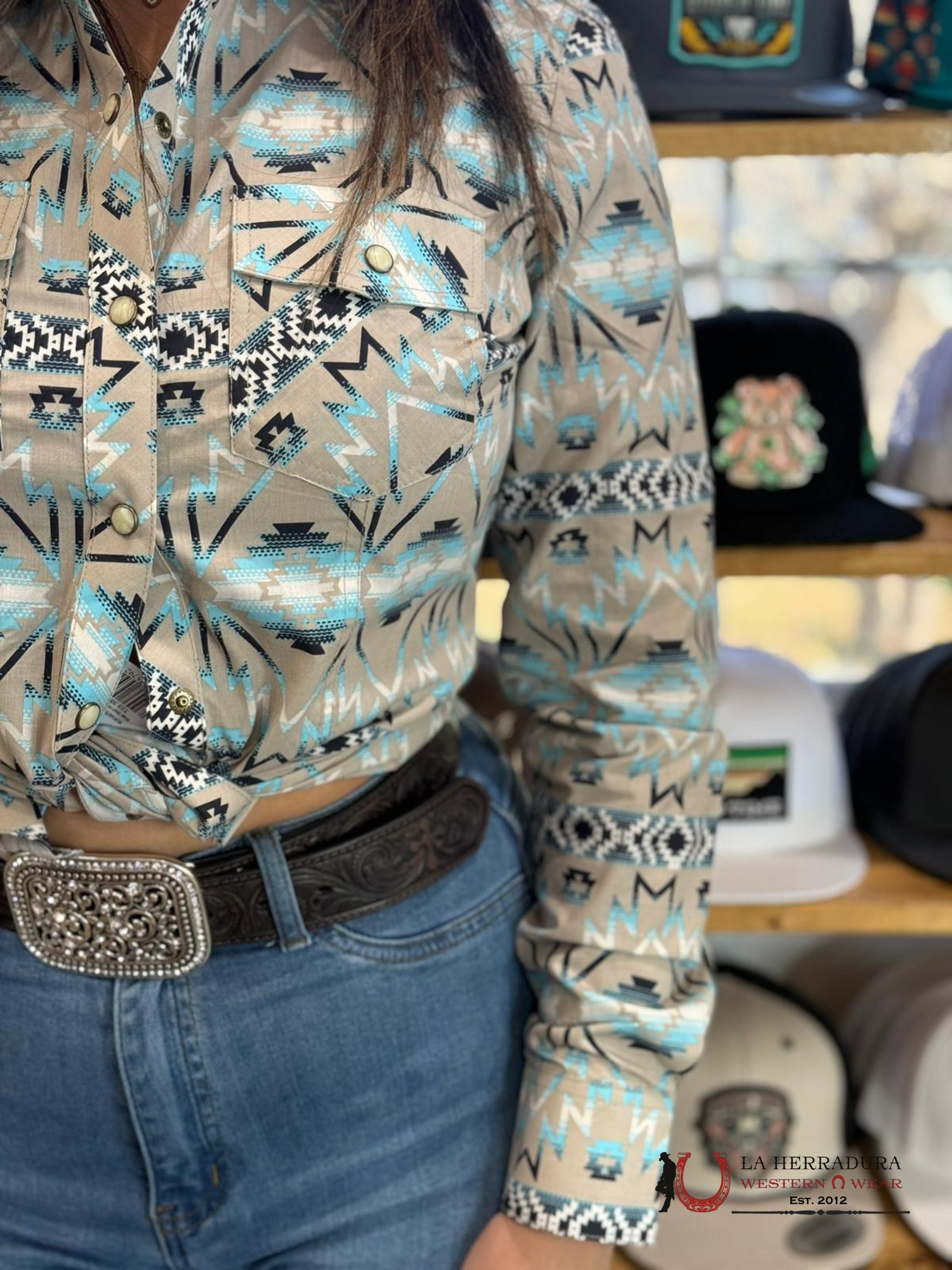 Rock&Roll Womens Teal Sand Snap Aztec Print Shirt Ropa Mujeres