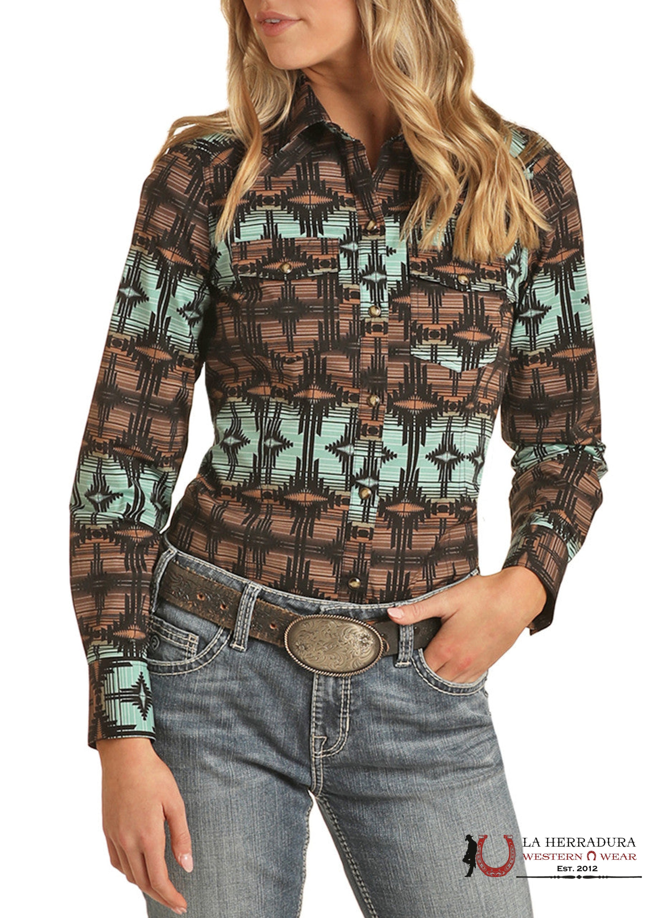 ROCK&ROLL WOMENS TEAL SHARED CORR SNAP SHIRT RRWSOSR09C ROPA MUJERES