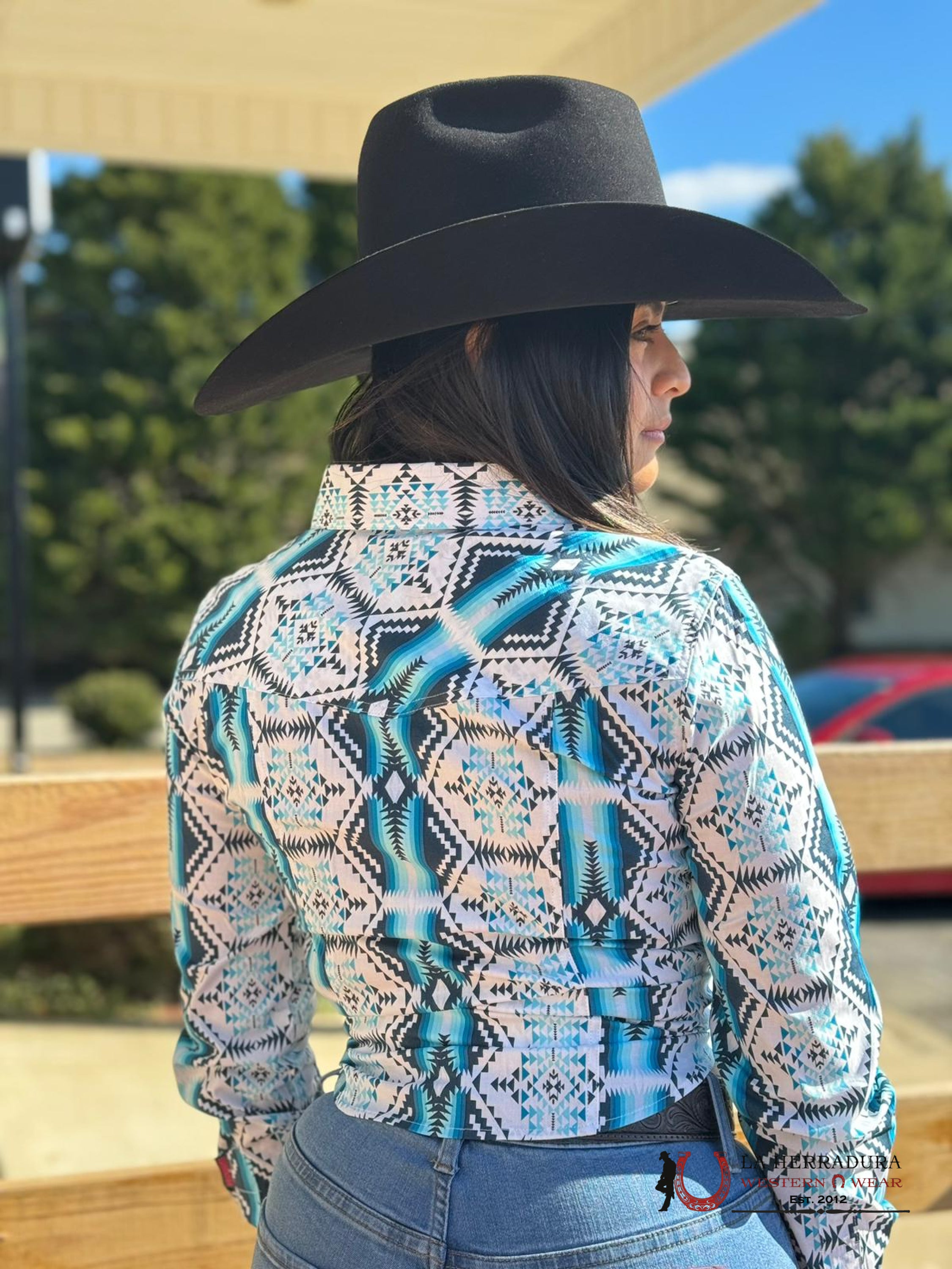 Rock&Roll Womens Teal White Aztec Print Snap Shirt Ropa Mujeres