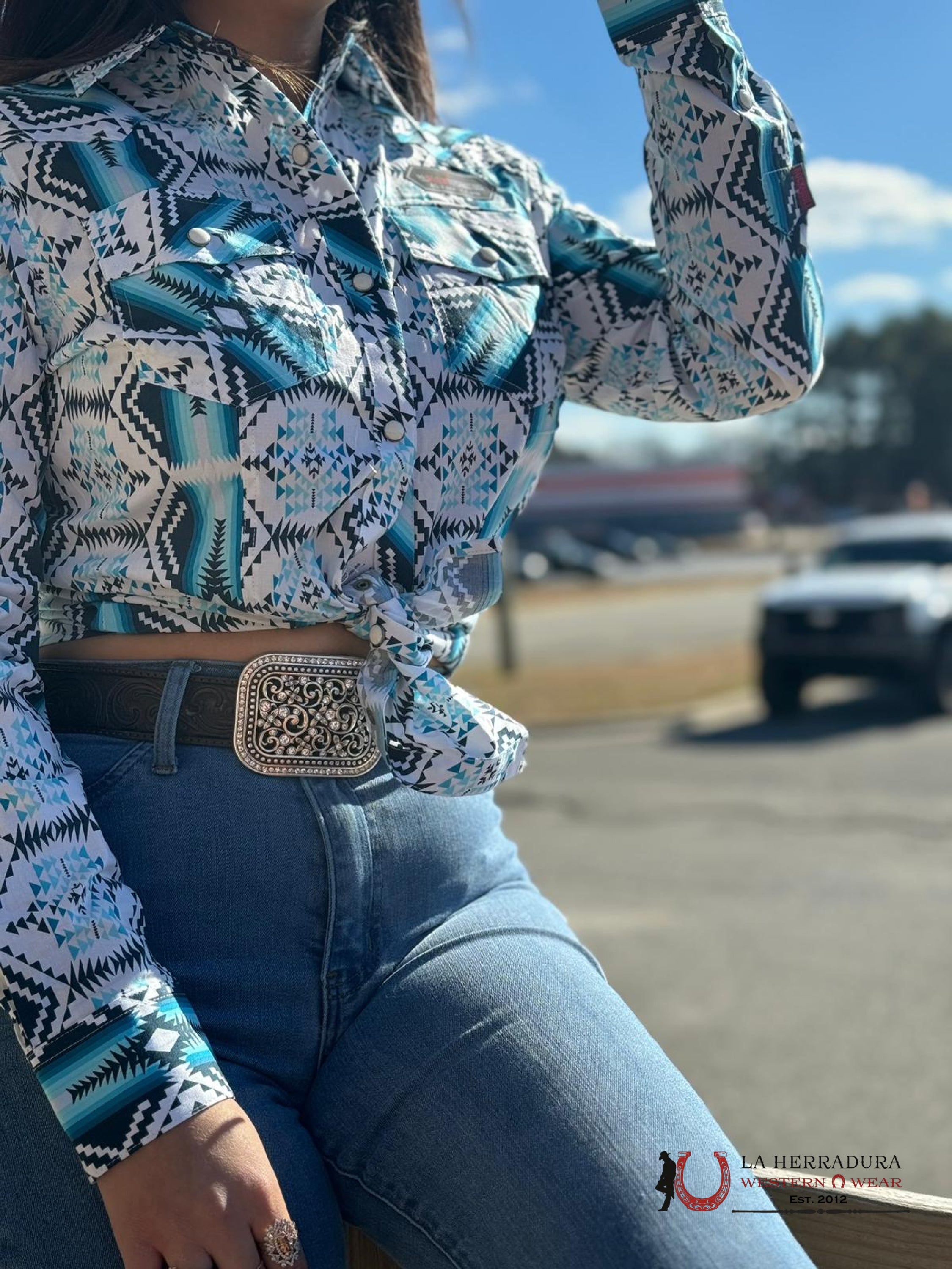 Rock&Roll Womens Teal White Aztec Print Snap Shirt Ropa Mujeres