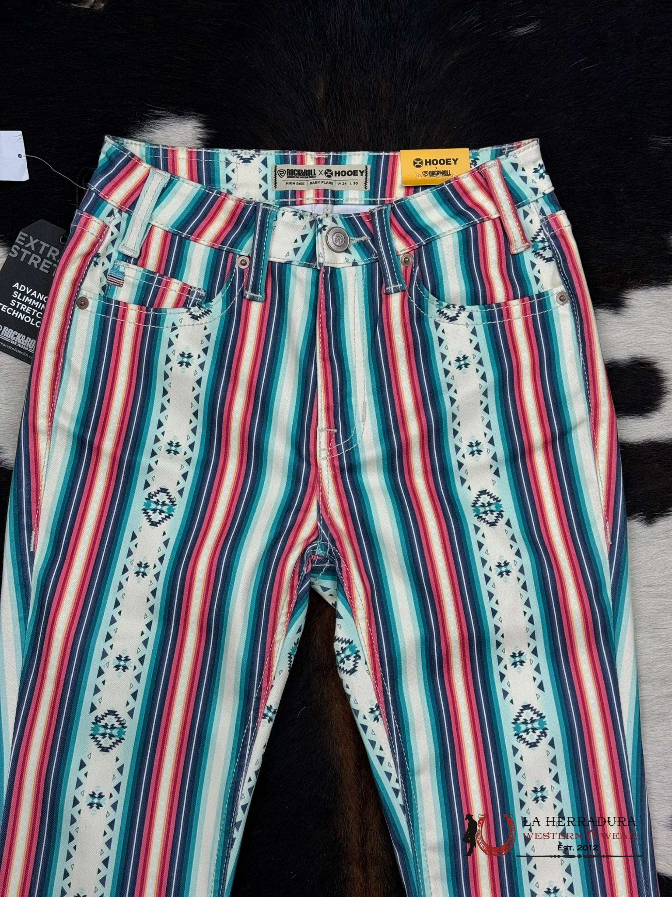 Rock&Roll X Hooey Natural Pastel Serape Print Baby Flare Jeans Women