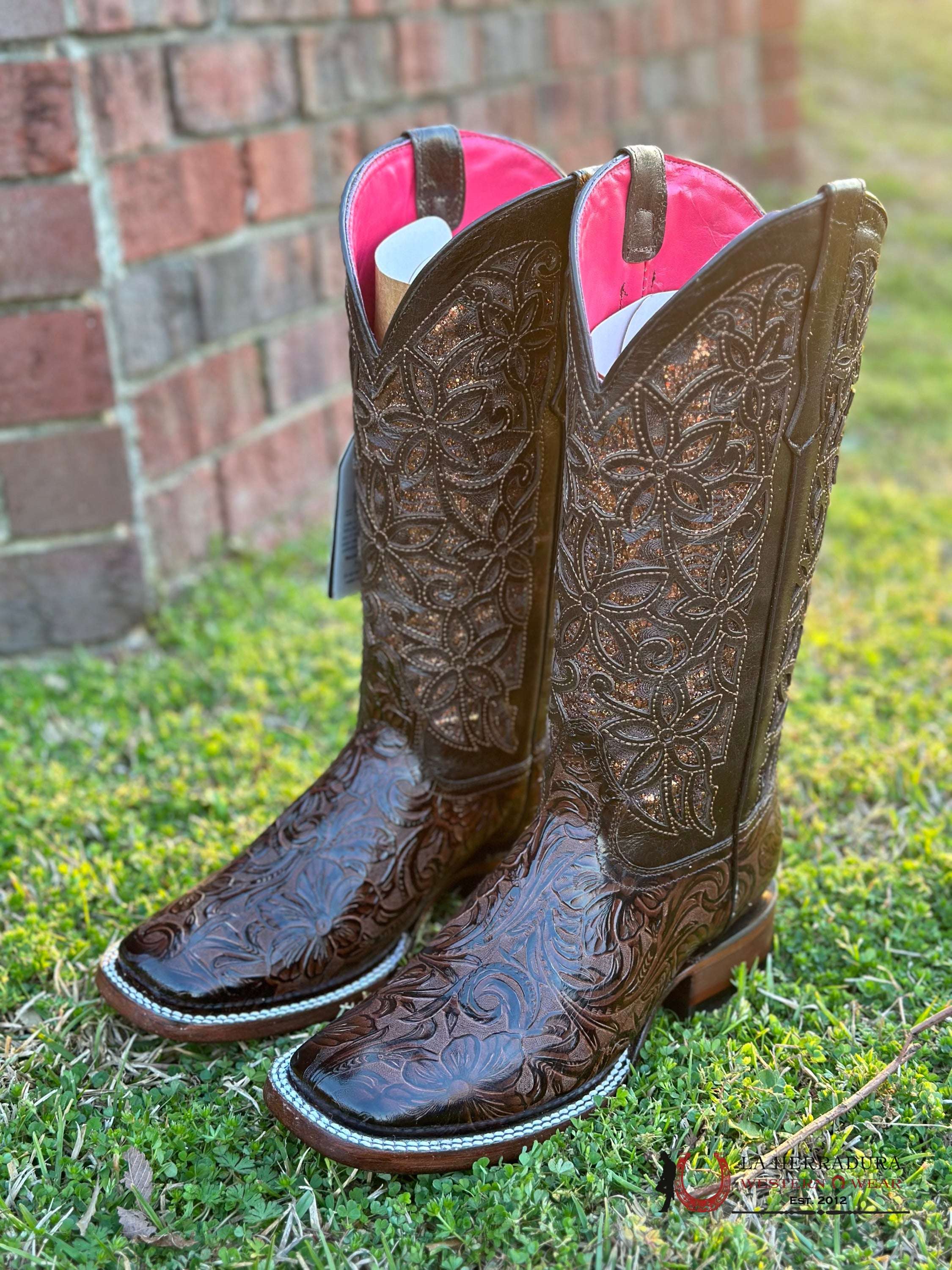 Womens Flor De Luz Hand Tooled Brown Square Toe Alma Botas Mujeres