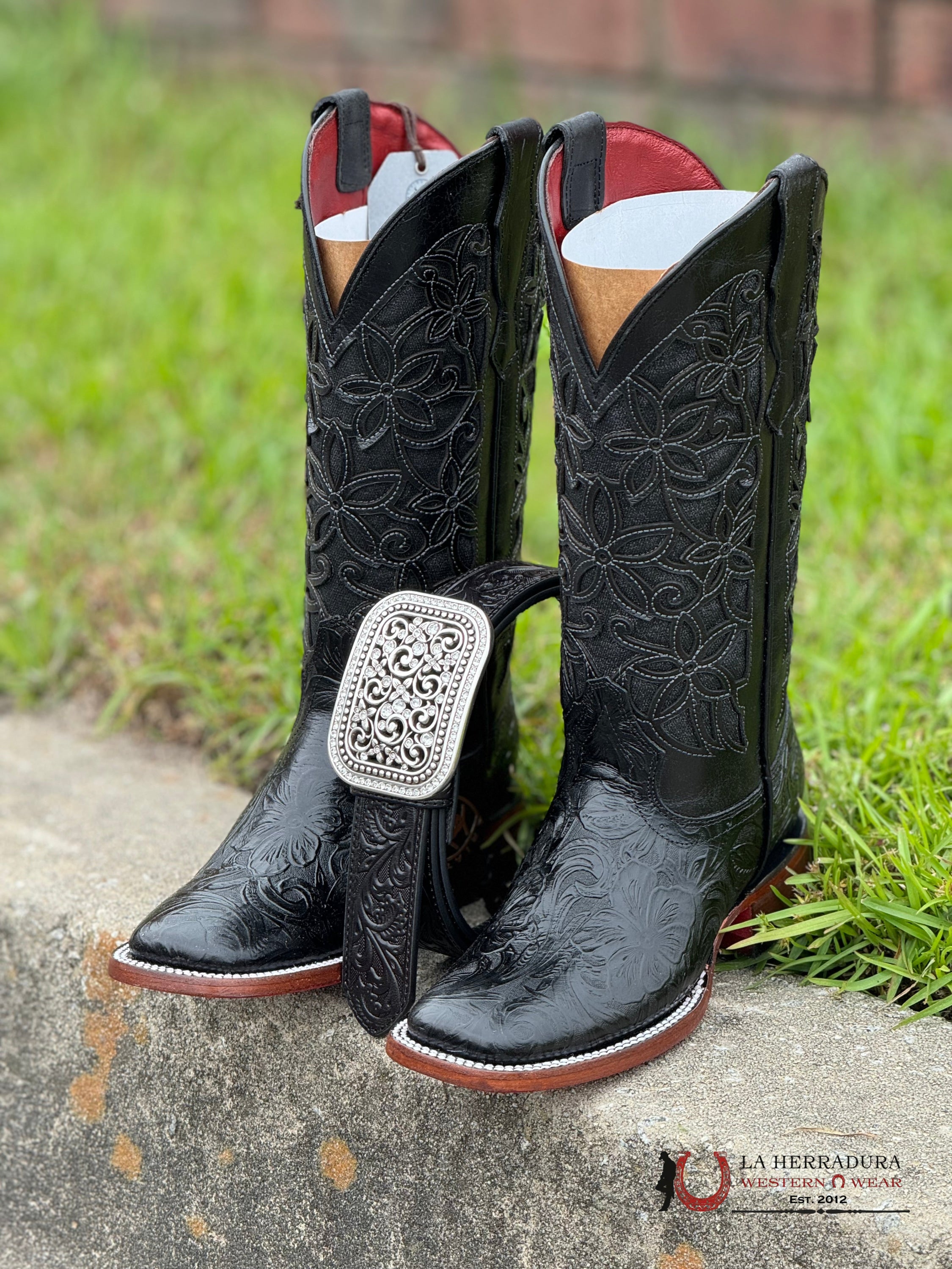 Womens Flor De Luz Hand Tooled Black With Brown Bottom Square Toe Botas Mujeres