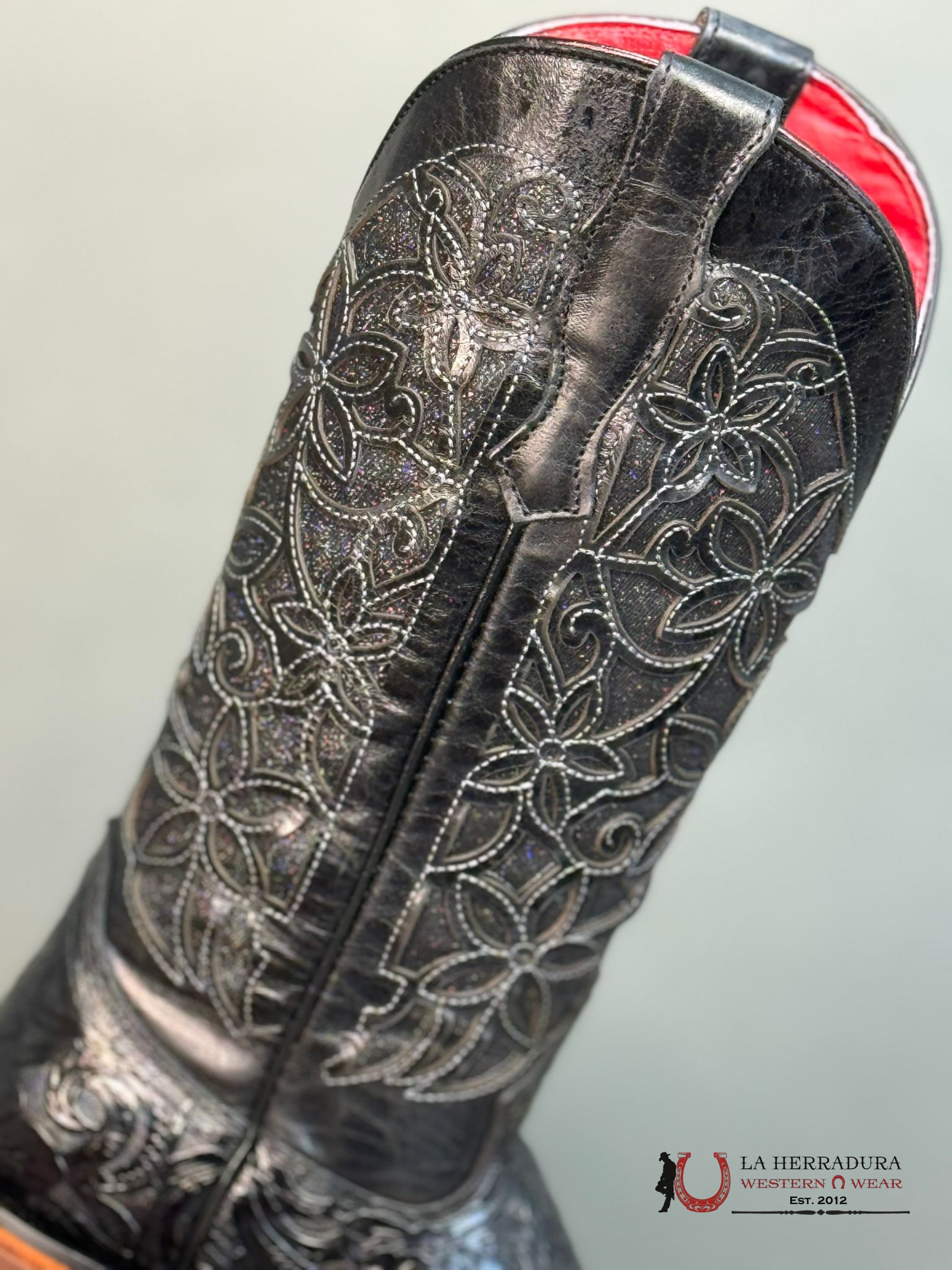 Womens Flor De Luz Hand Tooled Black With Brown Bottom Square Toe Botas Mujeres