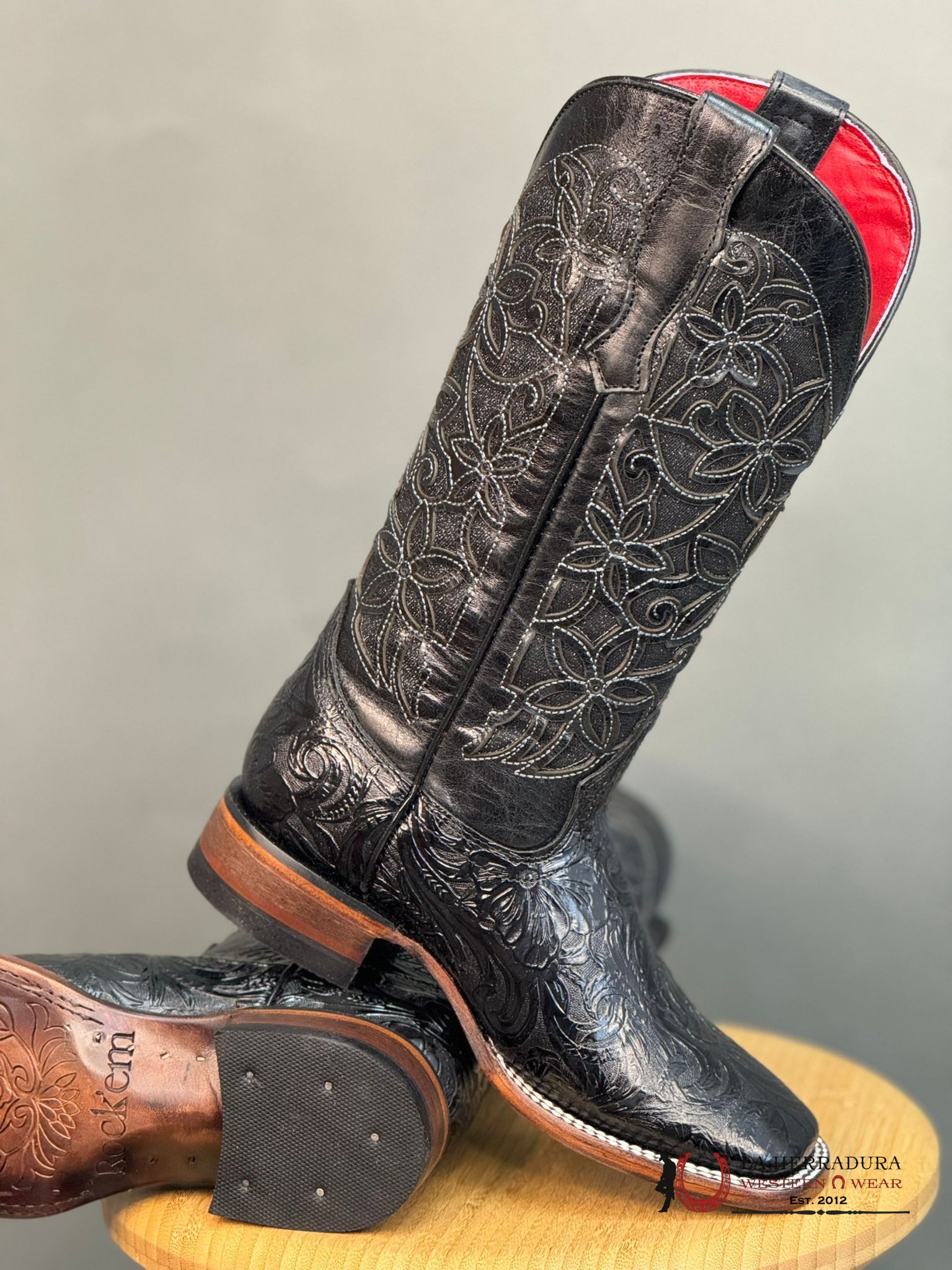 Womens Flor De Luz Hand Tooled Black With Brown Bottom Square Toe Botas Mujeres