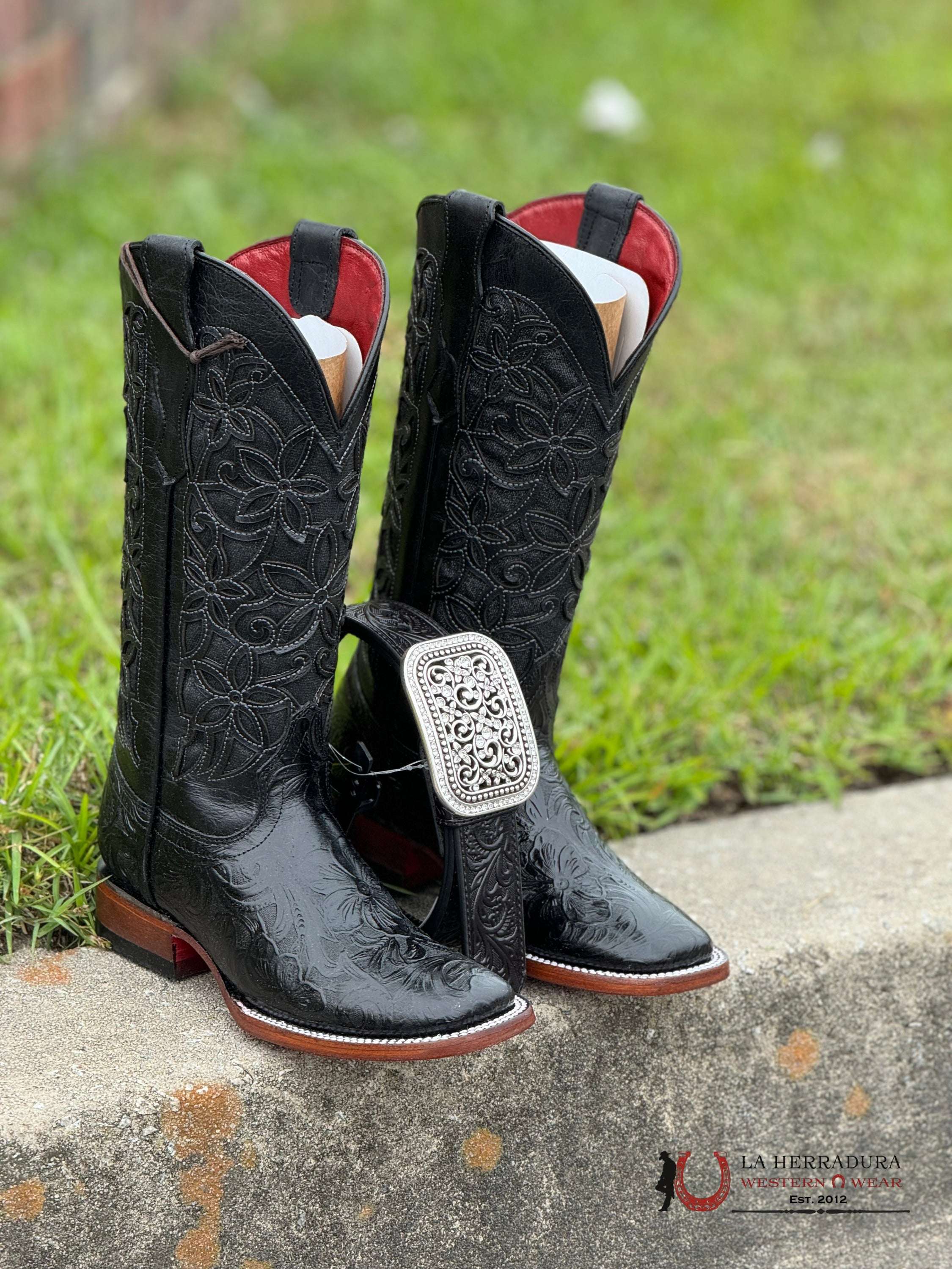 Womens Flor De Luz Hand Tooled Black With Brown Bottom Square Toe Botas Mujeres