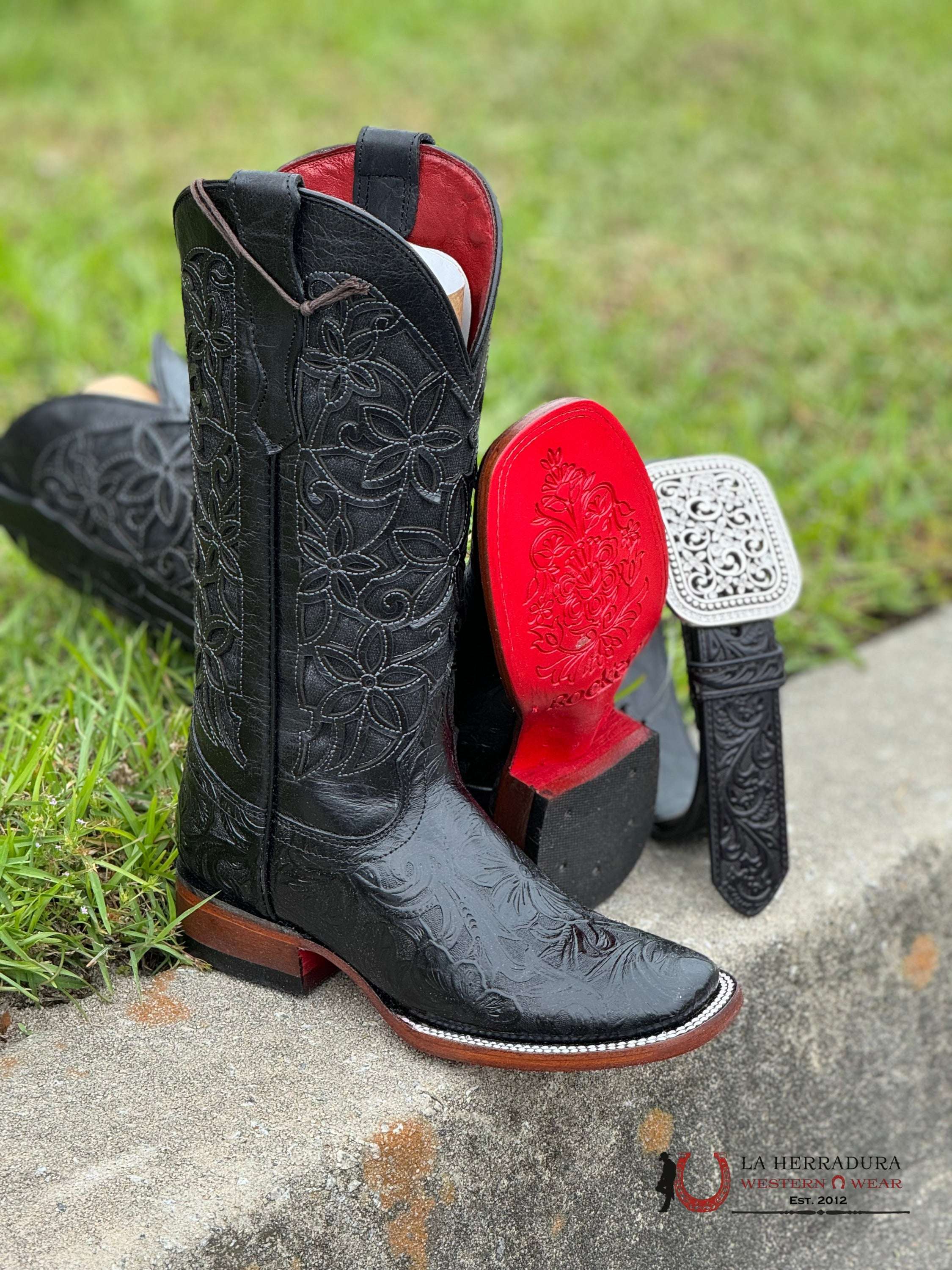 Womens Flor De Luz Hand Tooled Black With Brown Bottom Square Toe Botas Mujeres