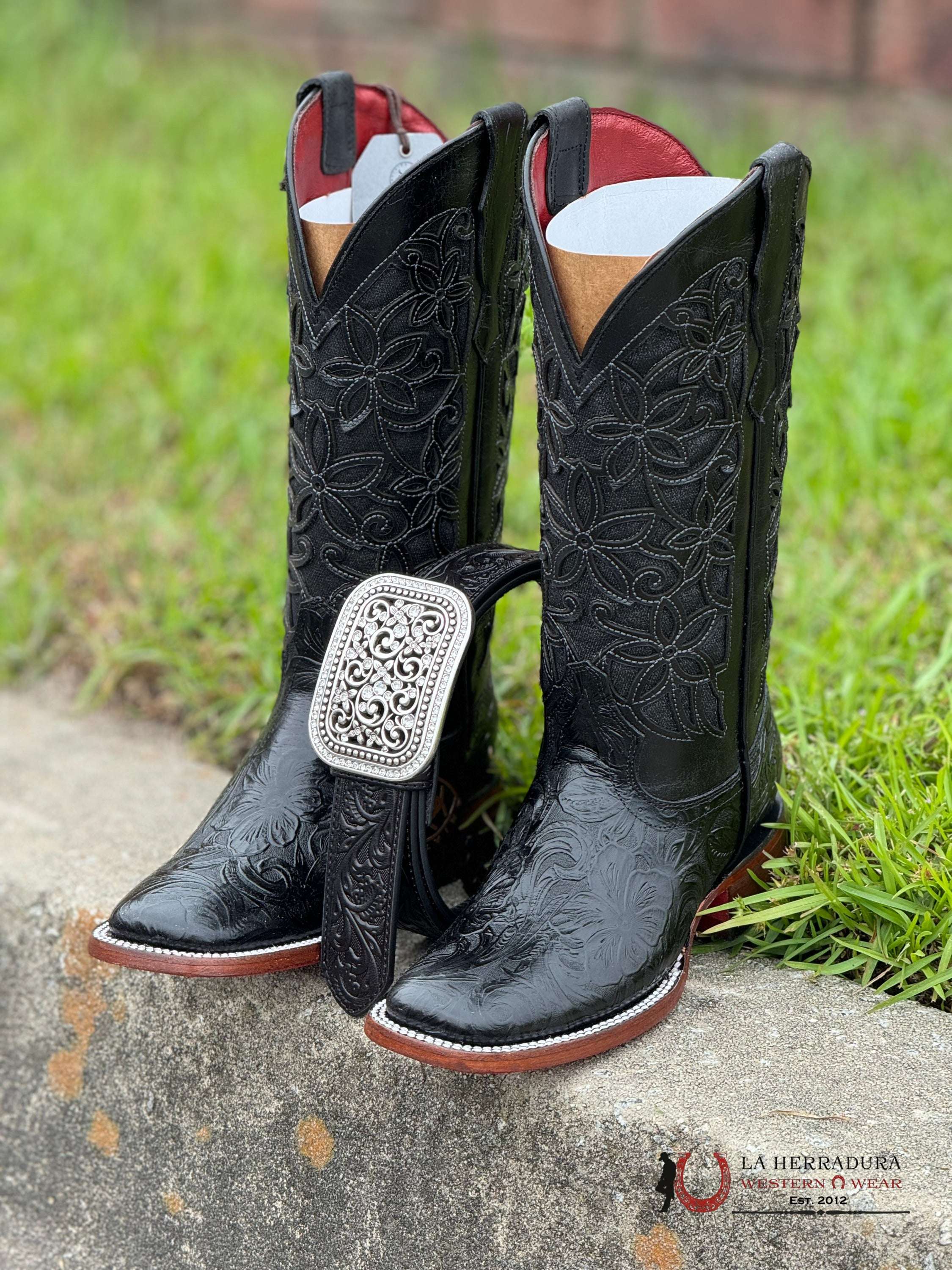 Womens Flor De Luz Hand Tooled Black With Brown Bottom Square Toe Botas Mujeres