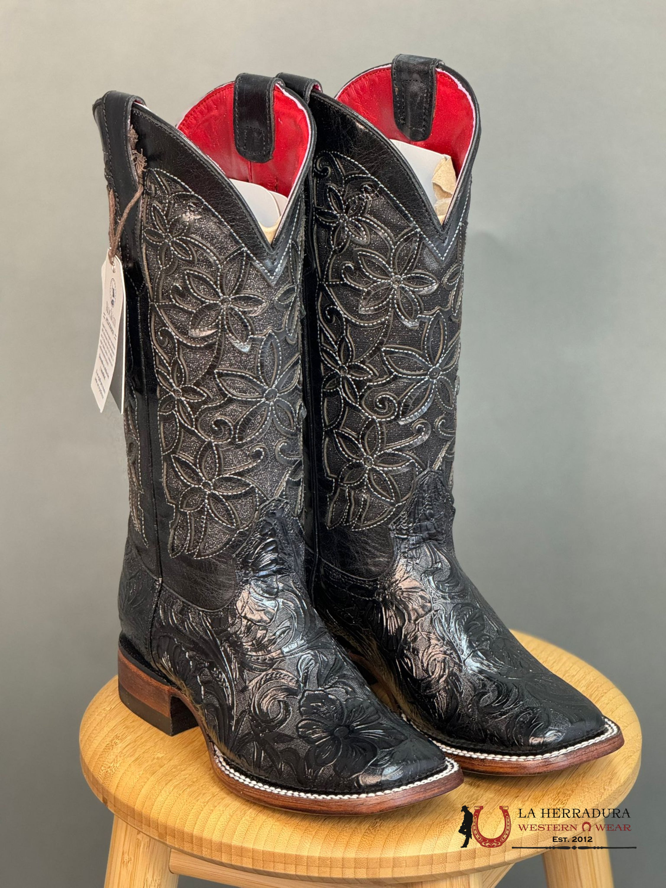 Womens Flor De Luz Hand Tooled Black With Brown Bottom Square Toe Botas Mujeres