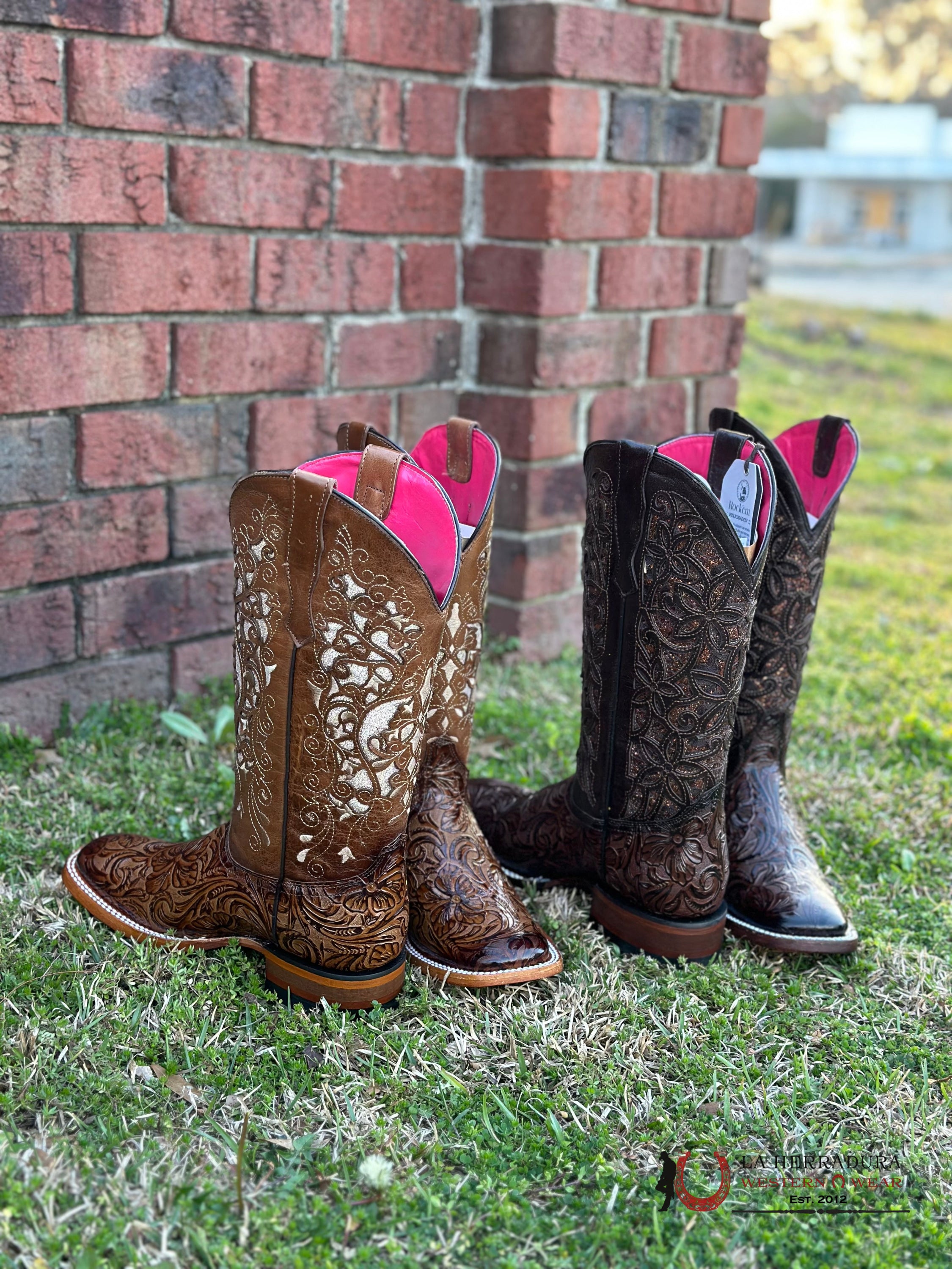 Womens Flor De Luz Alma Hand Tooled Honey Square Toe Botas Mujeres