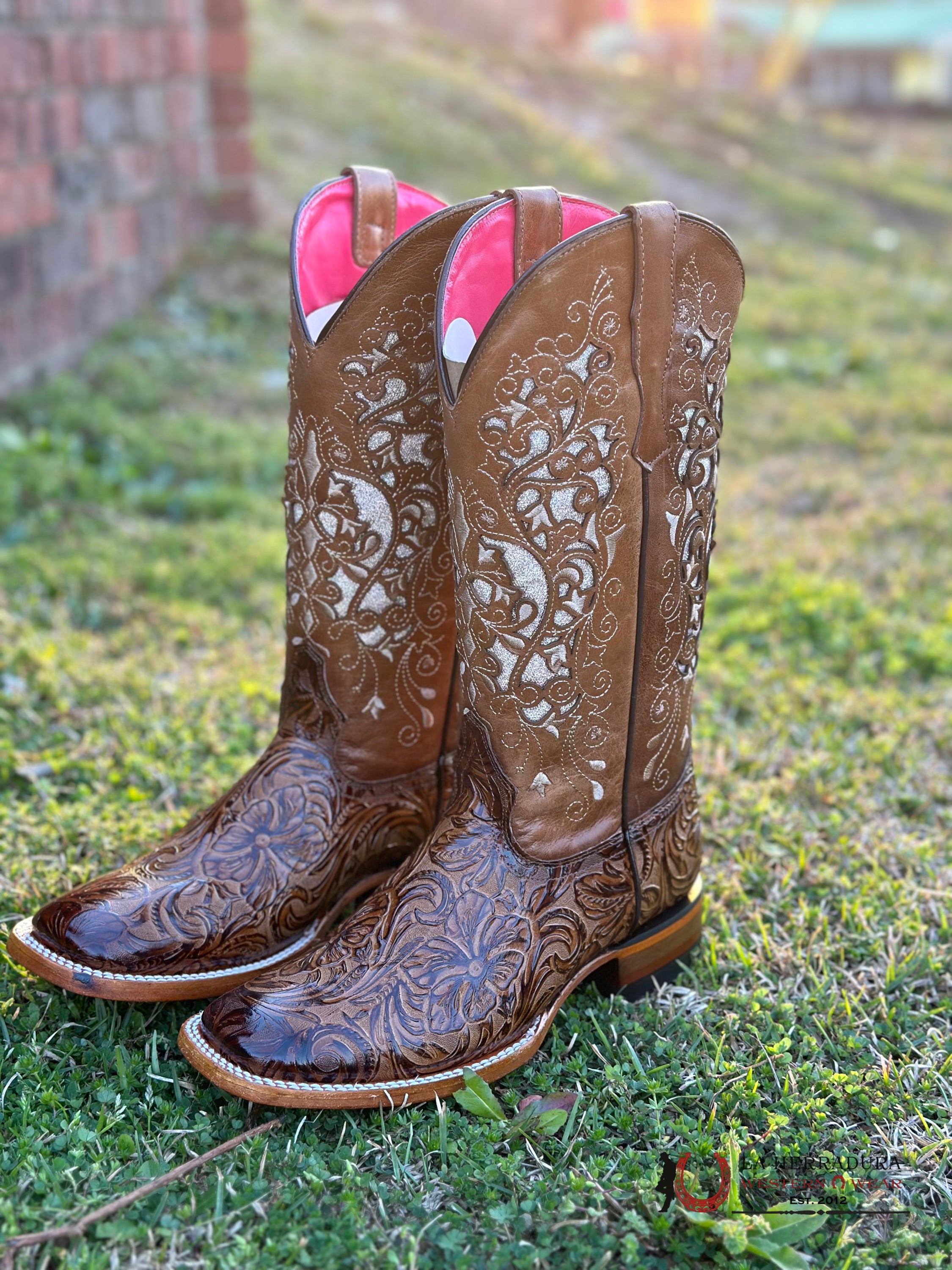 Womens Flor De Luz Alma Hand Tooled Honey Square Toe Botas Mujeres