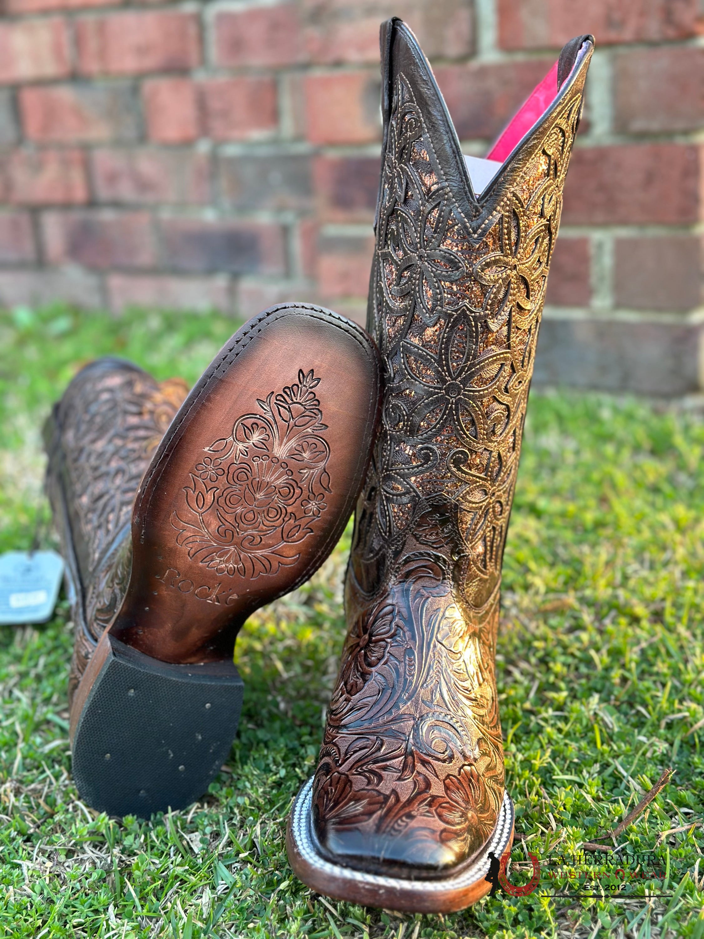 Womens Flor De Luz Alma Hand Tooled Honey Square Toe Botas Mujeres