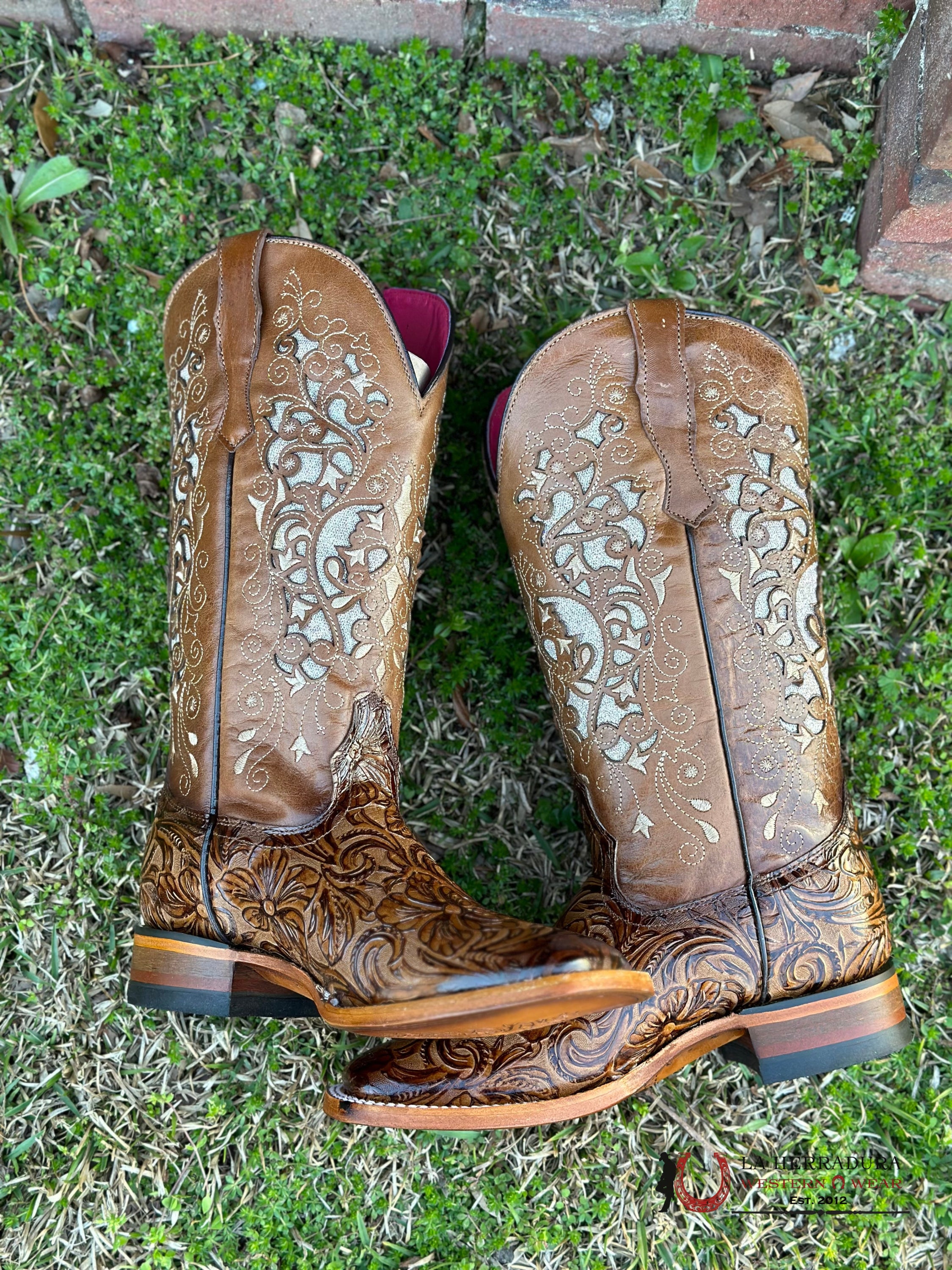 Womens Flor De Luz Alma Hand Tooled Honey Square Toe Botas Mujeres