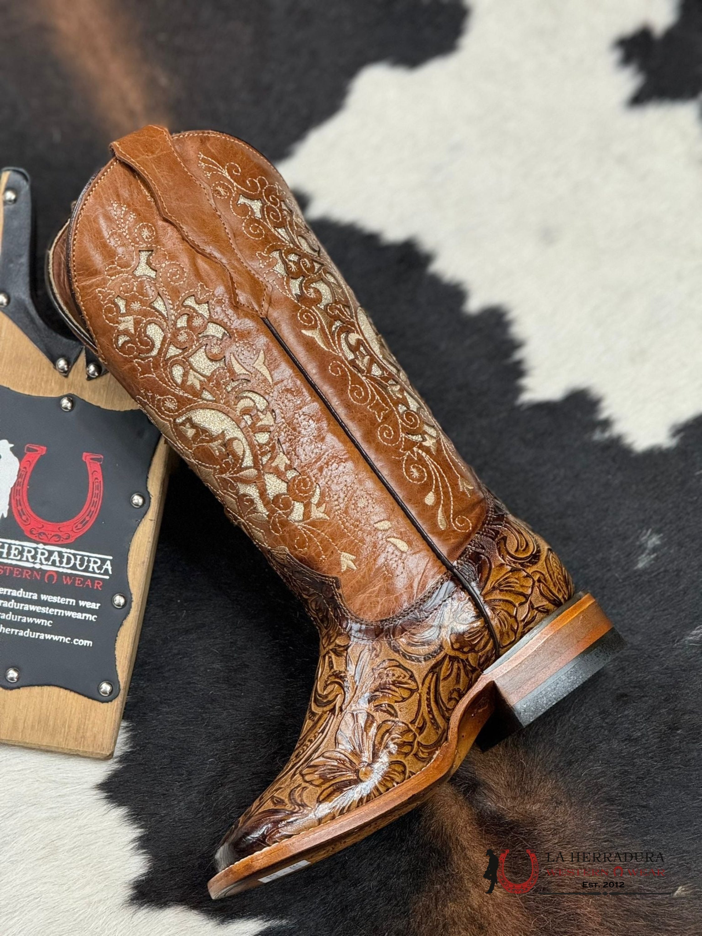 Womens Flor De Luz Alma Hand Tooled Honey Square Toe Botas Mujeres