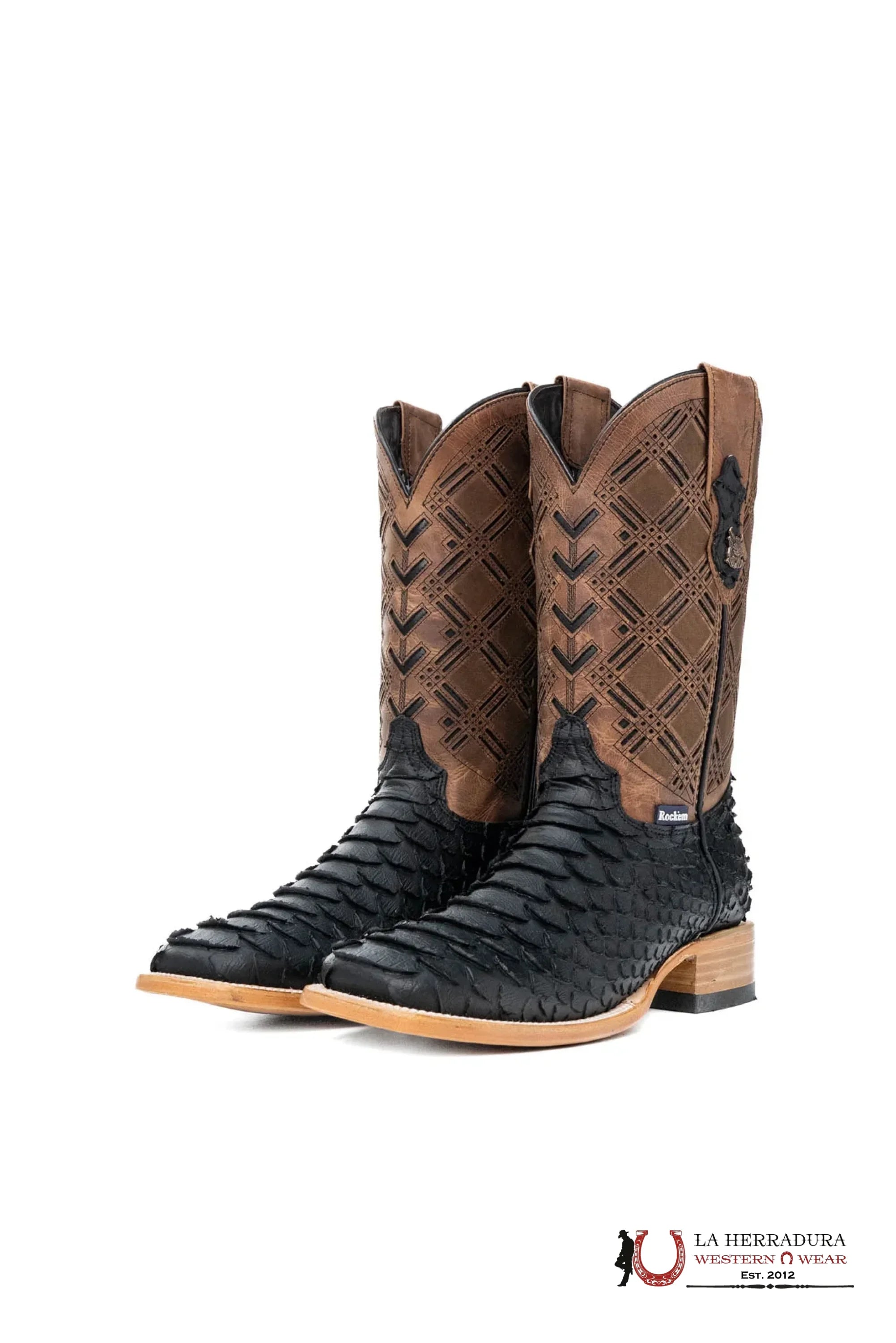 ROCKEM CLON PYTHON MATTE BLACK *BROWN TUBE* SQ. TOE BOOT BOTAS HOMBRES