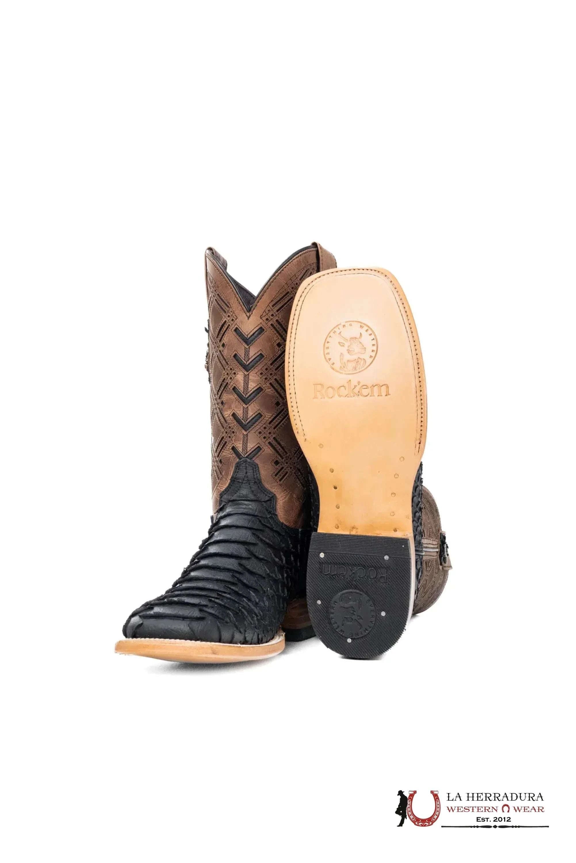 ROCKEM CLON PYTHON MATTE BLACK *BROWN TUBE* SQ. TOE BOOT BOTAS HOMBRES