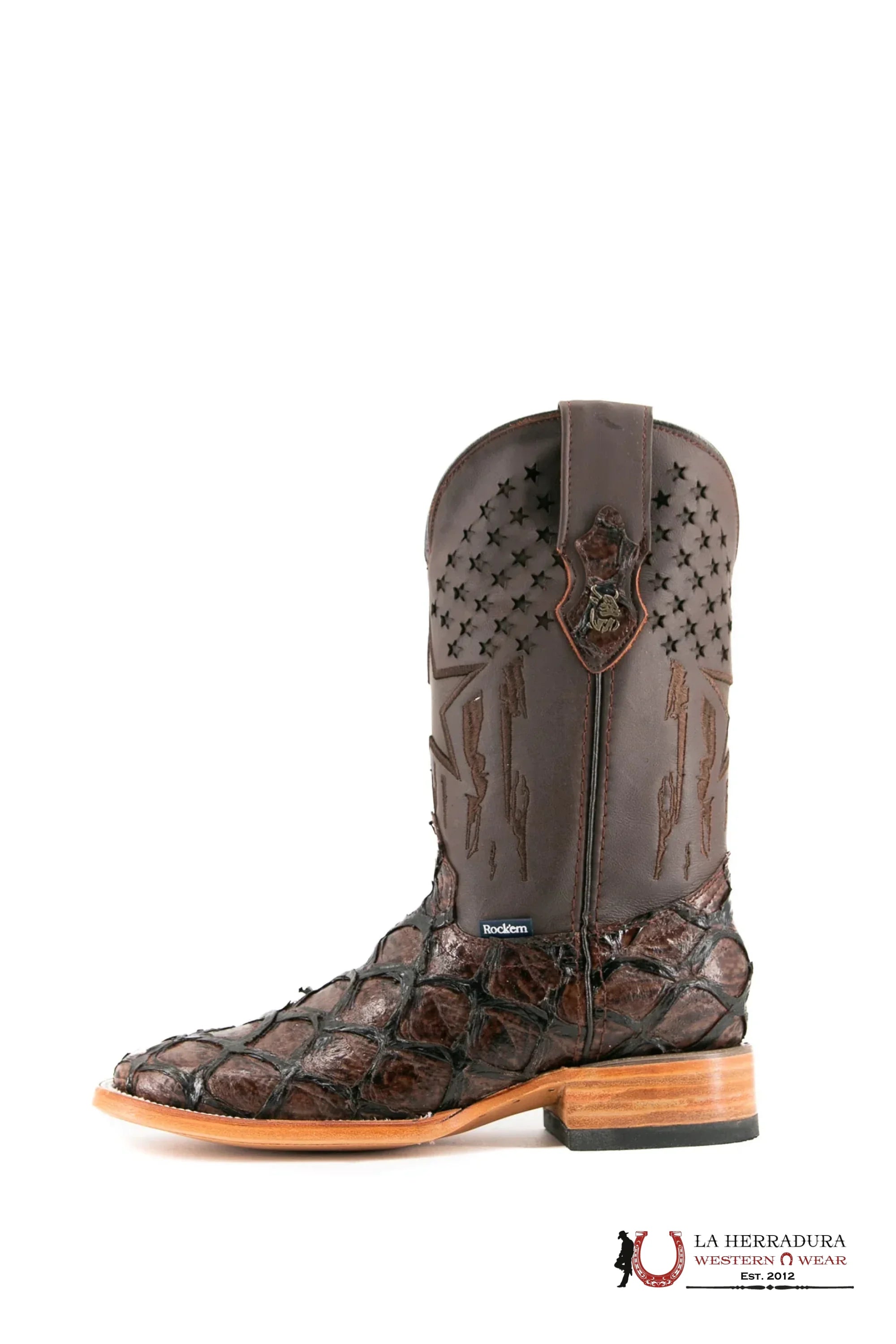 ROCKEM CLON FISH BOOT SHINY BROWN PIRARUCU SQ. TOE BOTAS HOMBRES