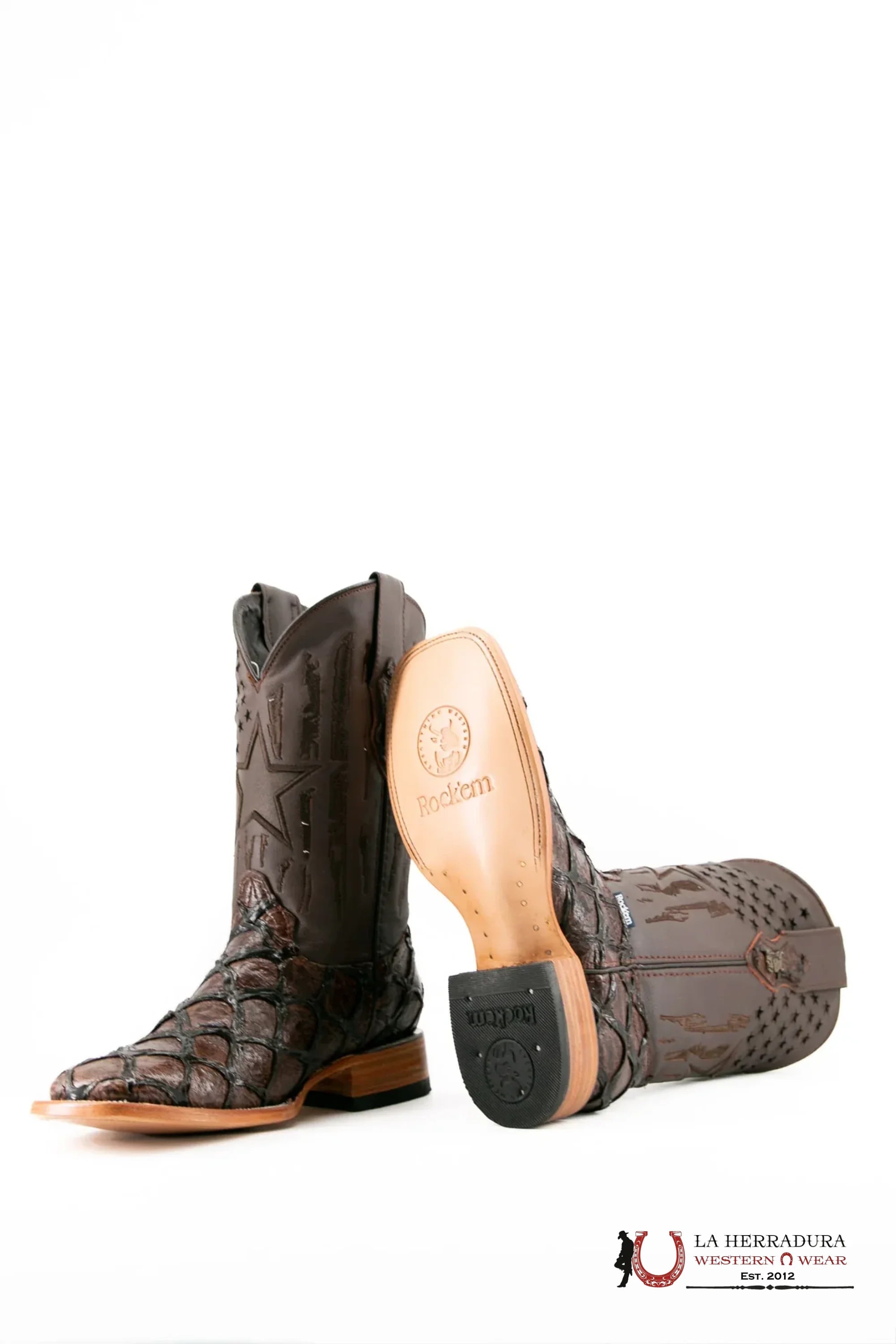 ROCKEM CLON FISH BOOT SHINY BROWN PIRARUCU SQ. TOE BOTAS HOMBRES