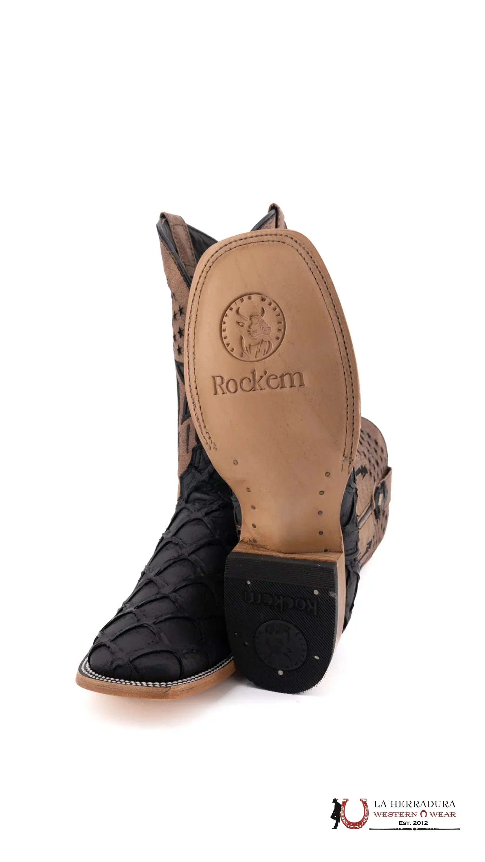 Mens Imit Pez Pirarucu Negro Mate Boot Botas Hombres