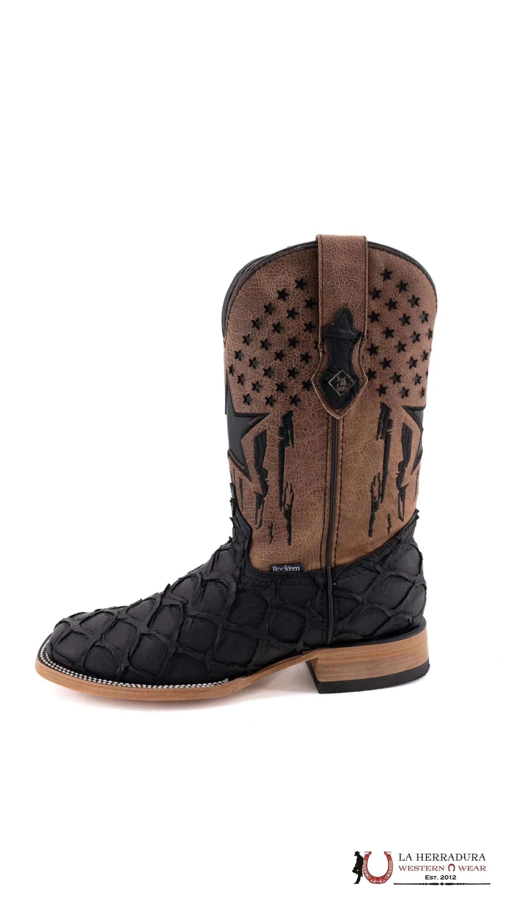 Mens Imit Pez Pirarucu Negro Mate Boot Botas Hombres