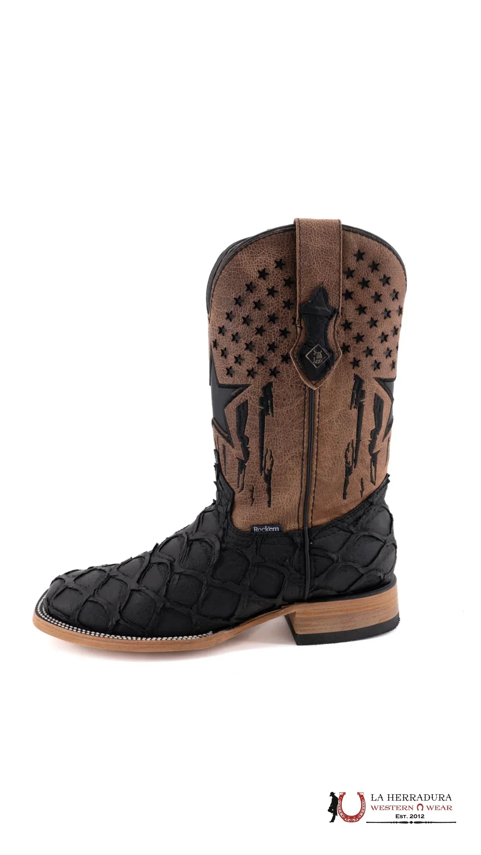 Mens Imit Pez Pirarucu Negro Mate Boot Botas Hombres