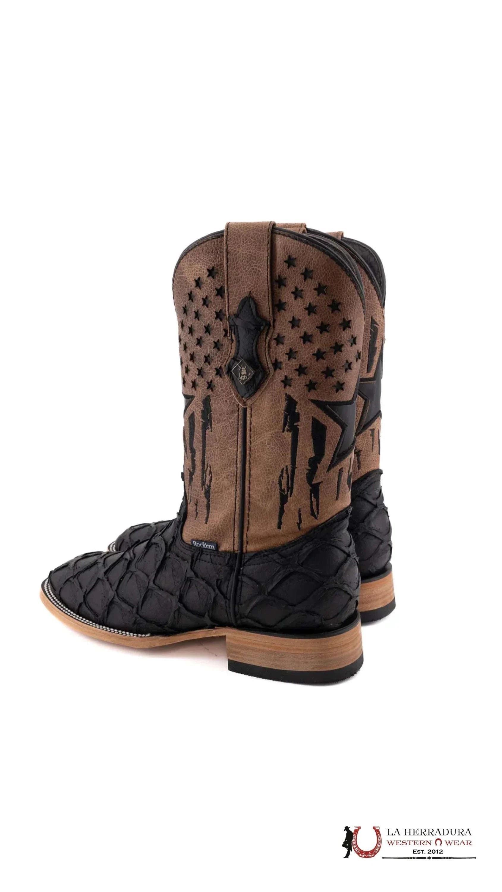 Mens Imit Pez Pirarucu Negro Mate Boot Botas Hombres