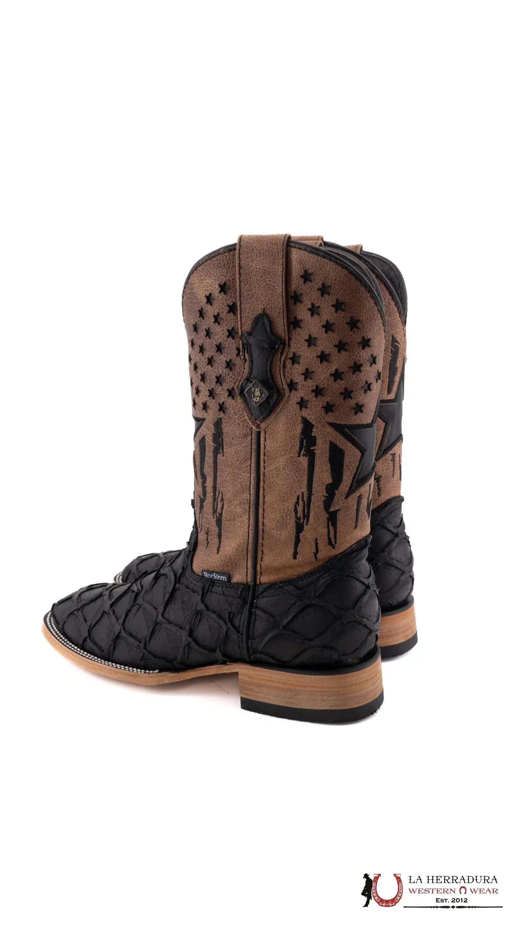 Mens Imit Pez Pirarucu Negro Mate Boot Botas Hombres