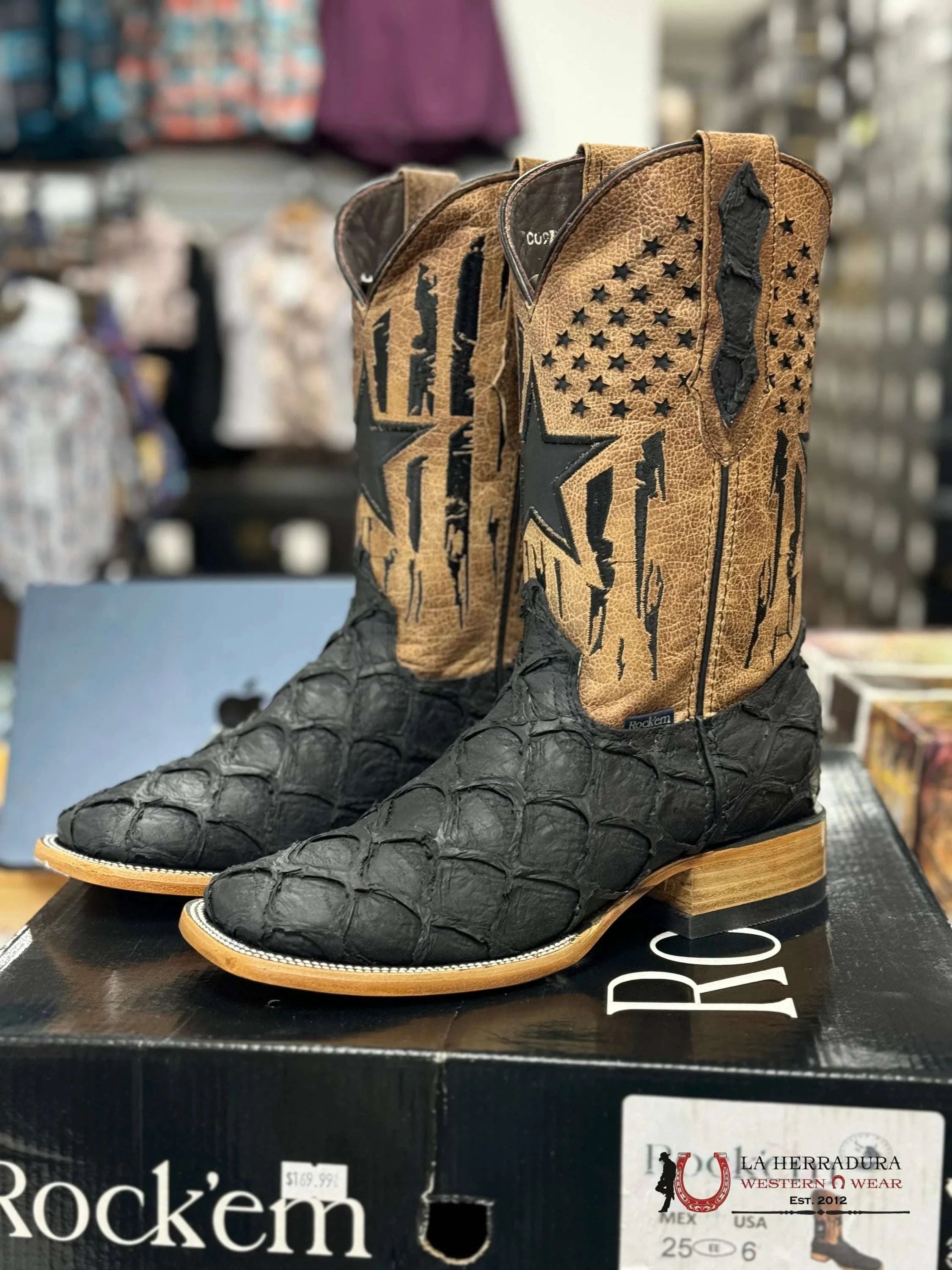Mens Imit Pez Pirarucu Negro Mate Boot Botas Hombres