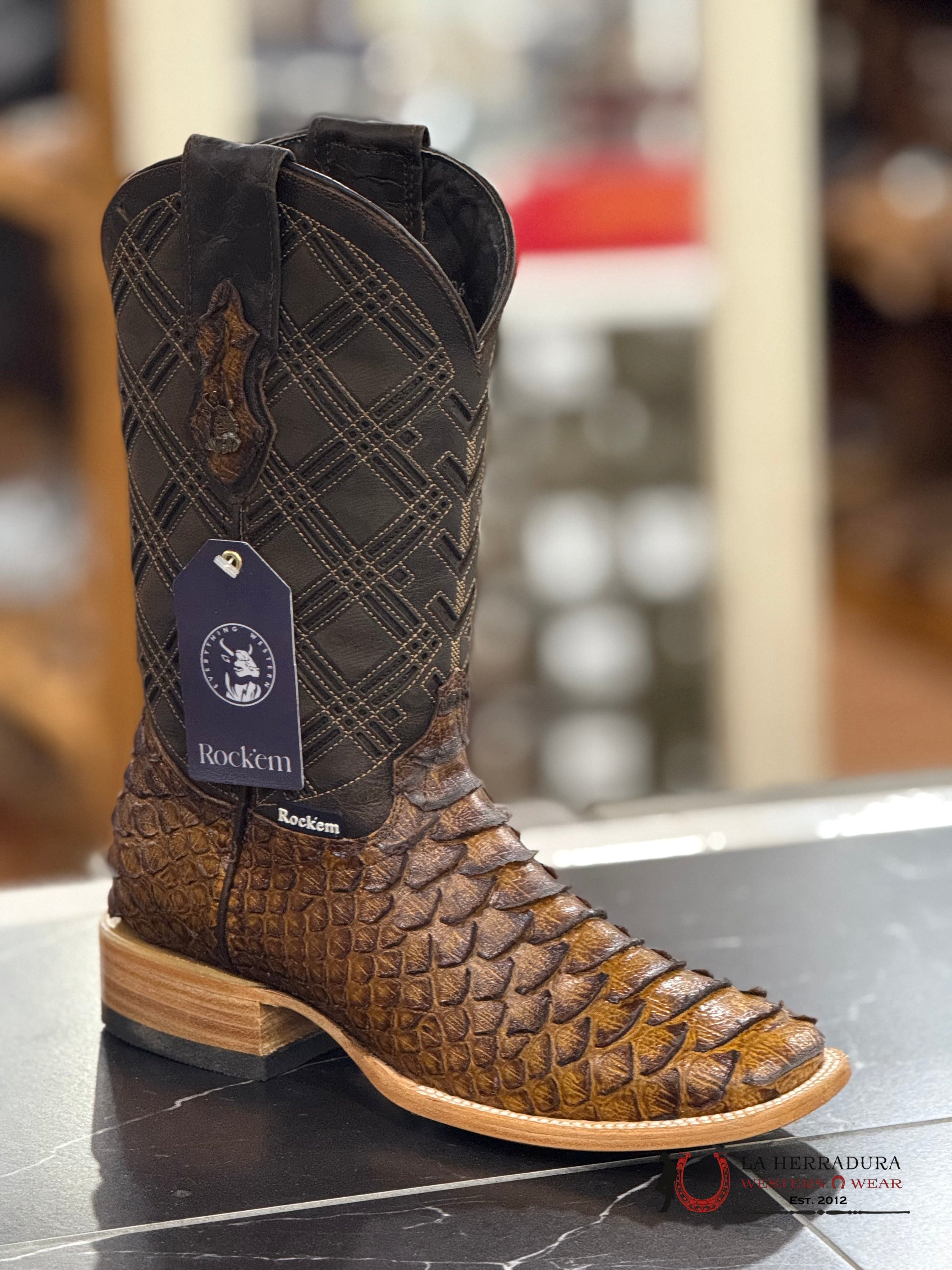 ROCKEM CLON MIEL/HONEY NORMAL PYTHON SQ. TOE BOOT (TUBO CAFE) BOTAS HOMBRES