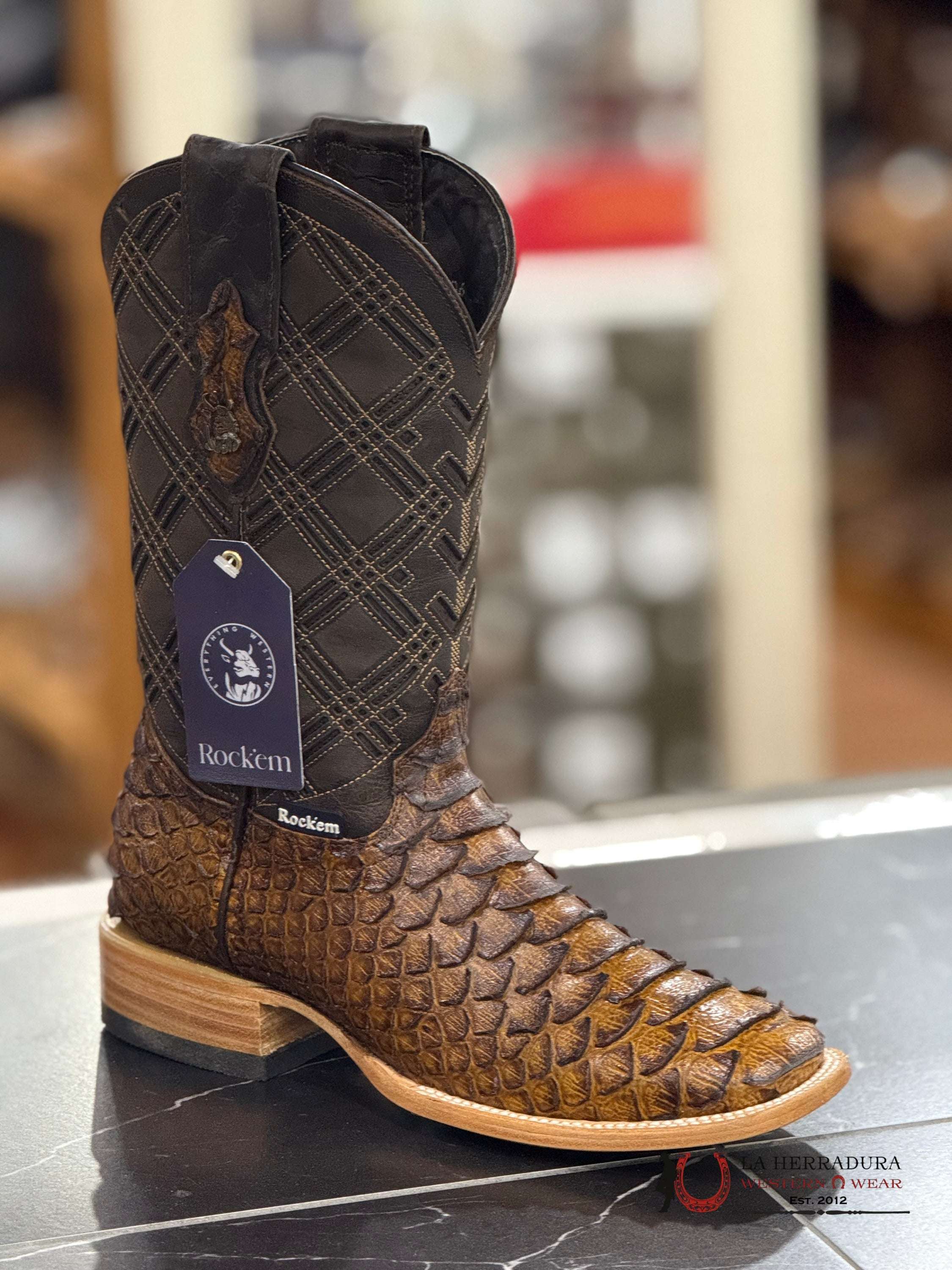 ROCKEM CLON MIEL/HONEY NORMAL PYTHON SQ. TOE BOOT (TUBO CAFE) BOTAS HOMBRES