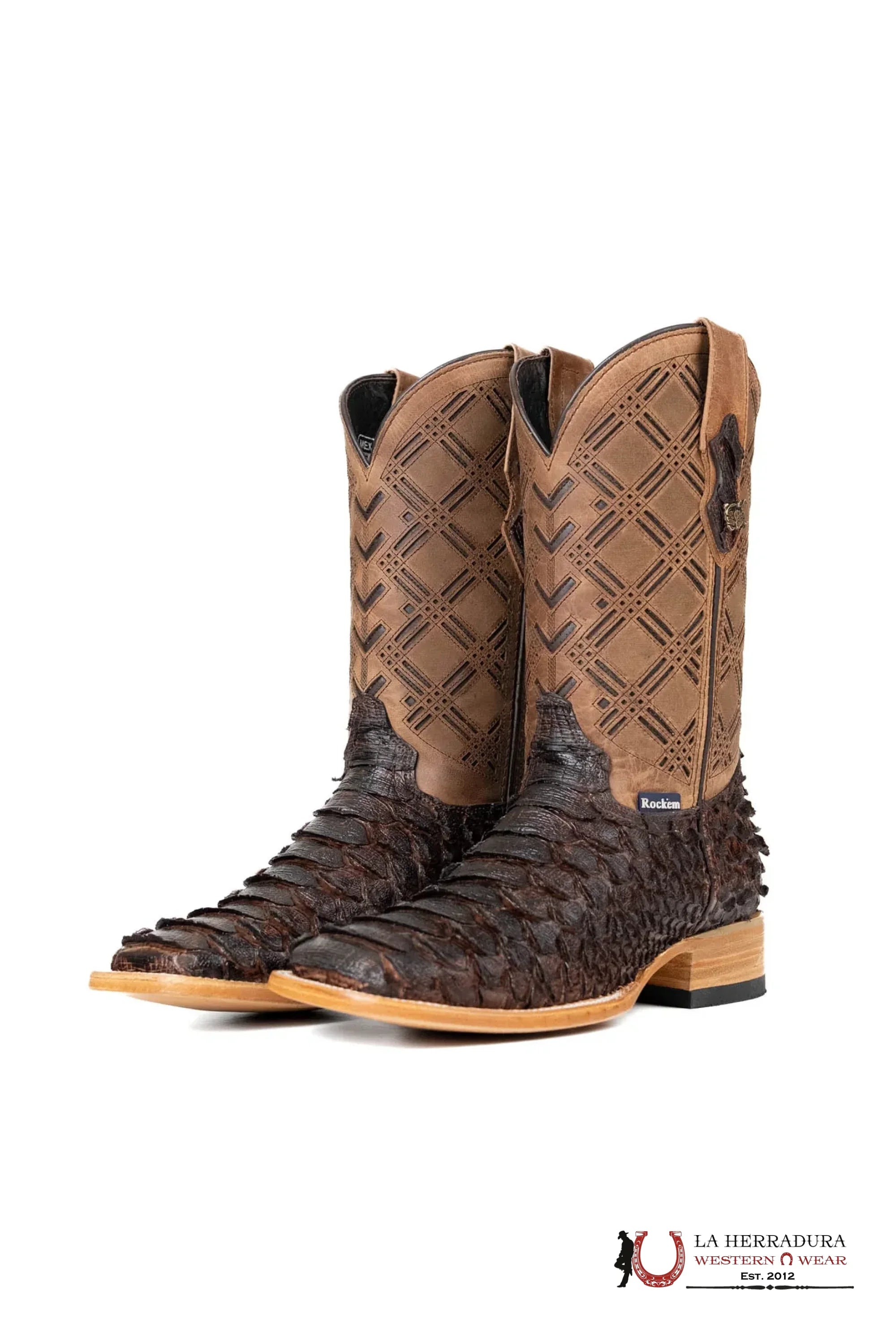 ROCKEM CLON PYTHON CAFE BRILLOSO *BROWN TUBE* SQ. TOE BOOT BOTAS HOMBRES