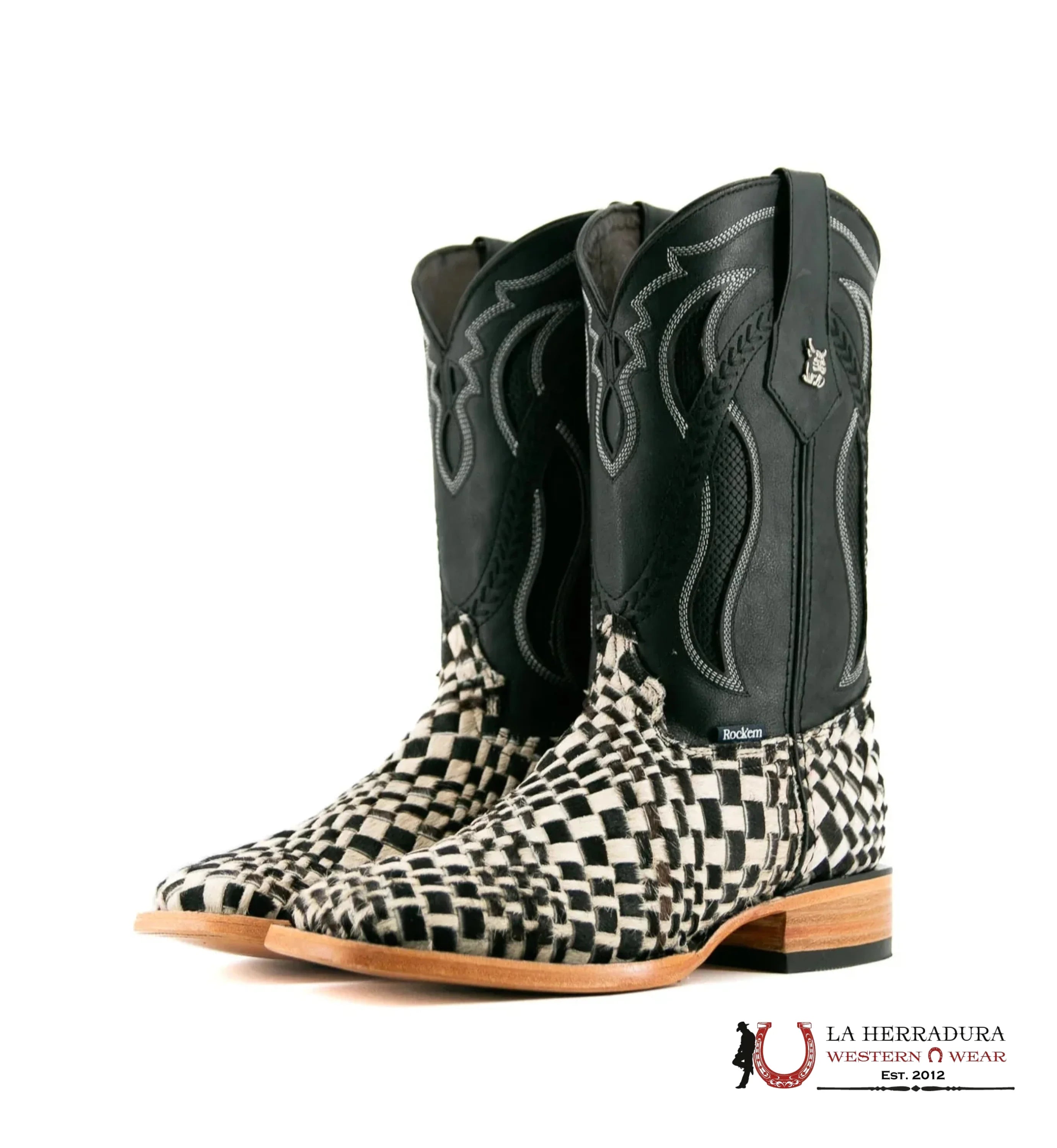 ROCKEM EST. ARIZONA COWHIDE BLACK/WHITE SQ. TOE BOOT BOTAS HOMBRES