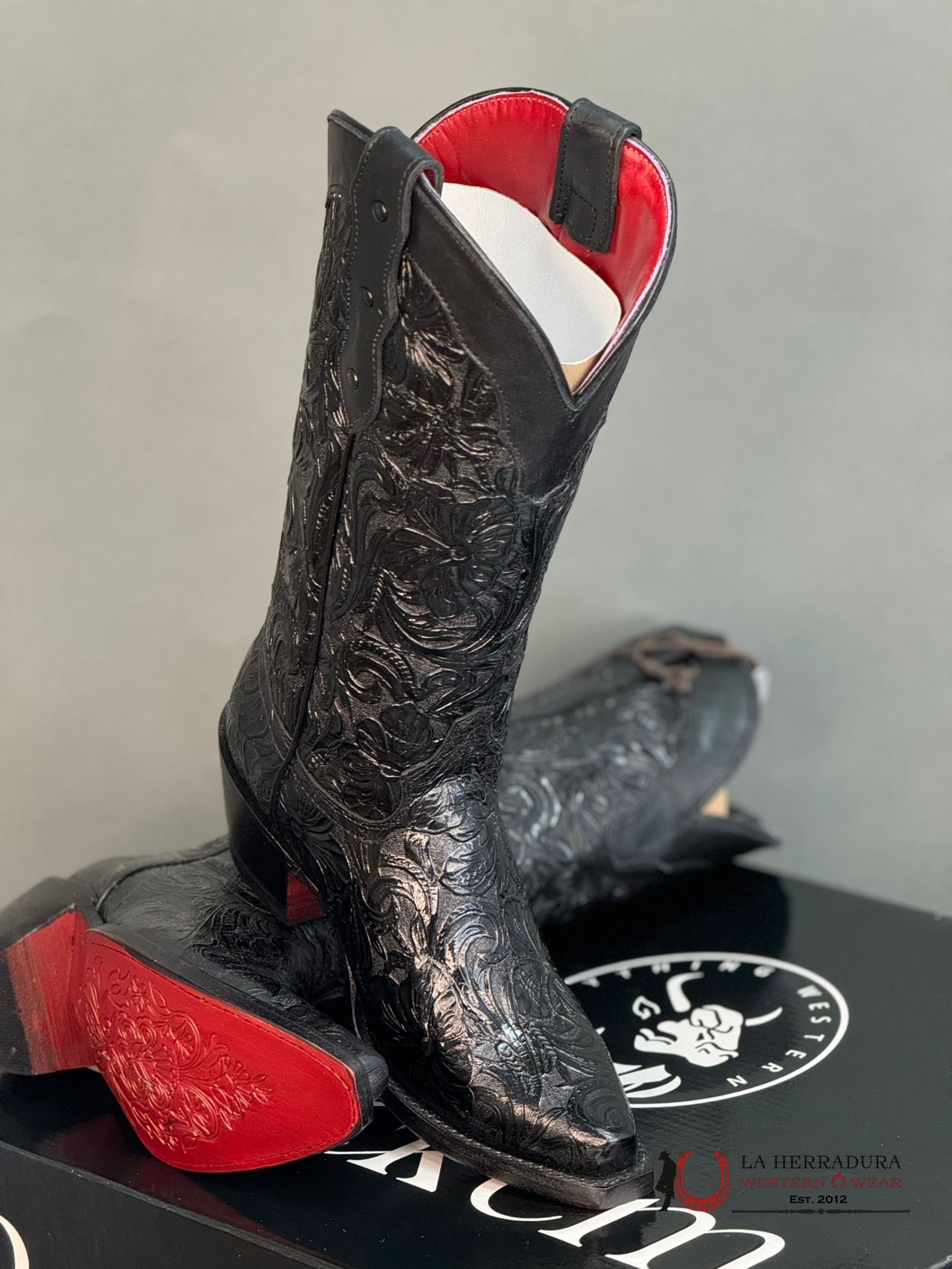 Rock’em Hand Tooled Flor De Luz Black Point Toe Botas Mujeres